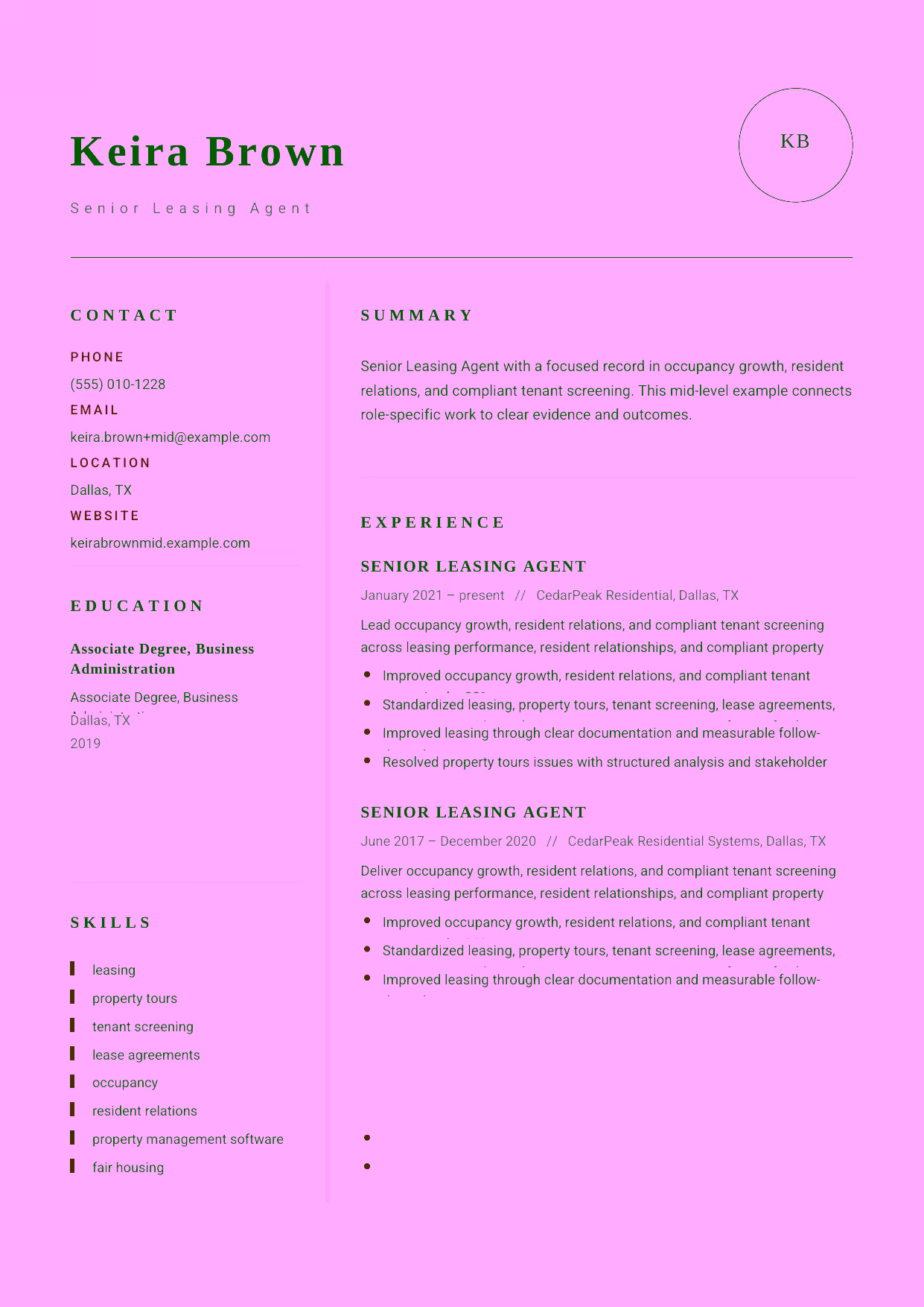 Mid-level Senior Leasing Agent resume example in the Grus template focused on occupancy growth, resident relations, and compliant tenant screening.