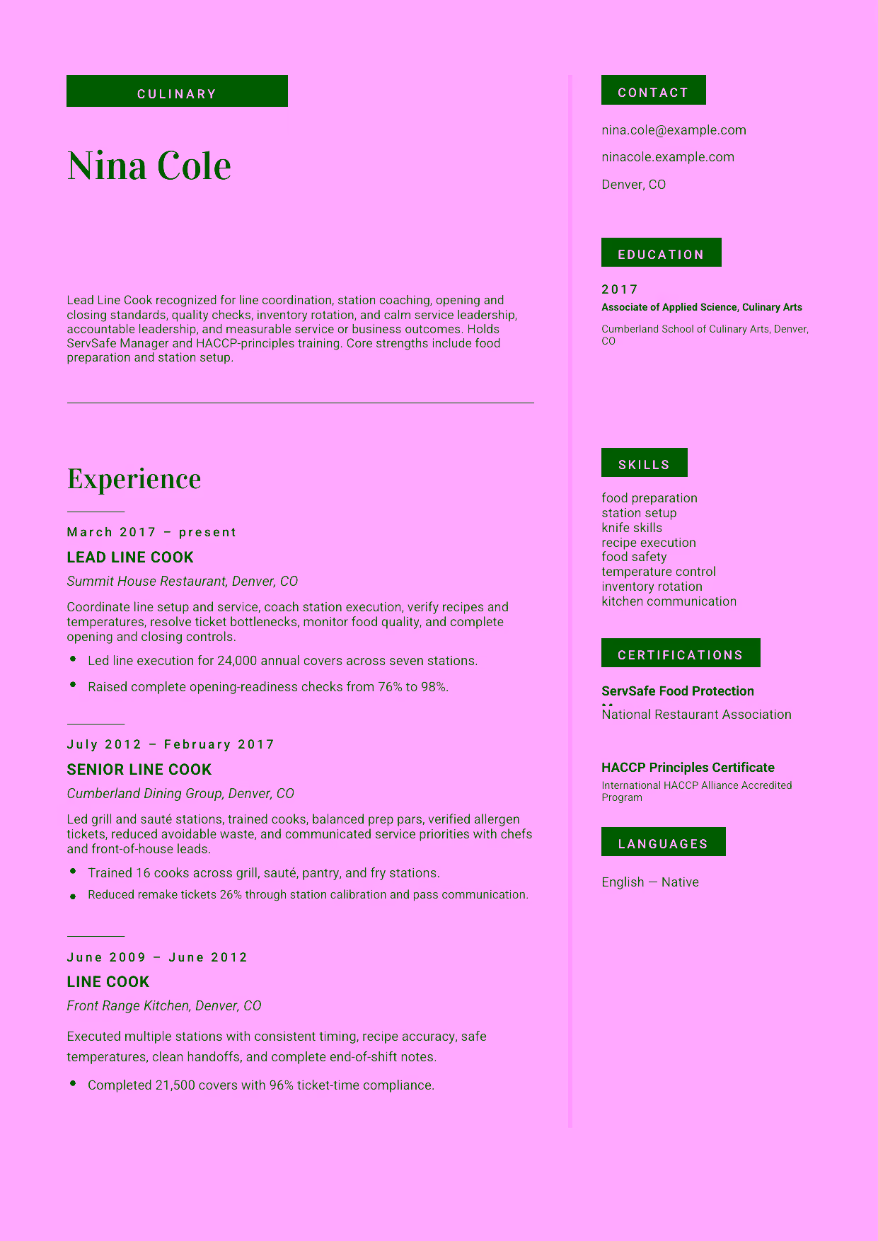 Advanced Lead Line Cook resume example in the Aquila template focused on line coordination, station coaching, opening and closing standards, quality checks, inventory rotation, and calm service leadership.