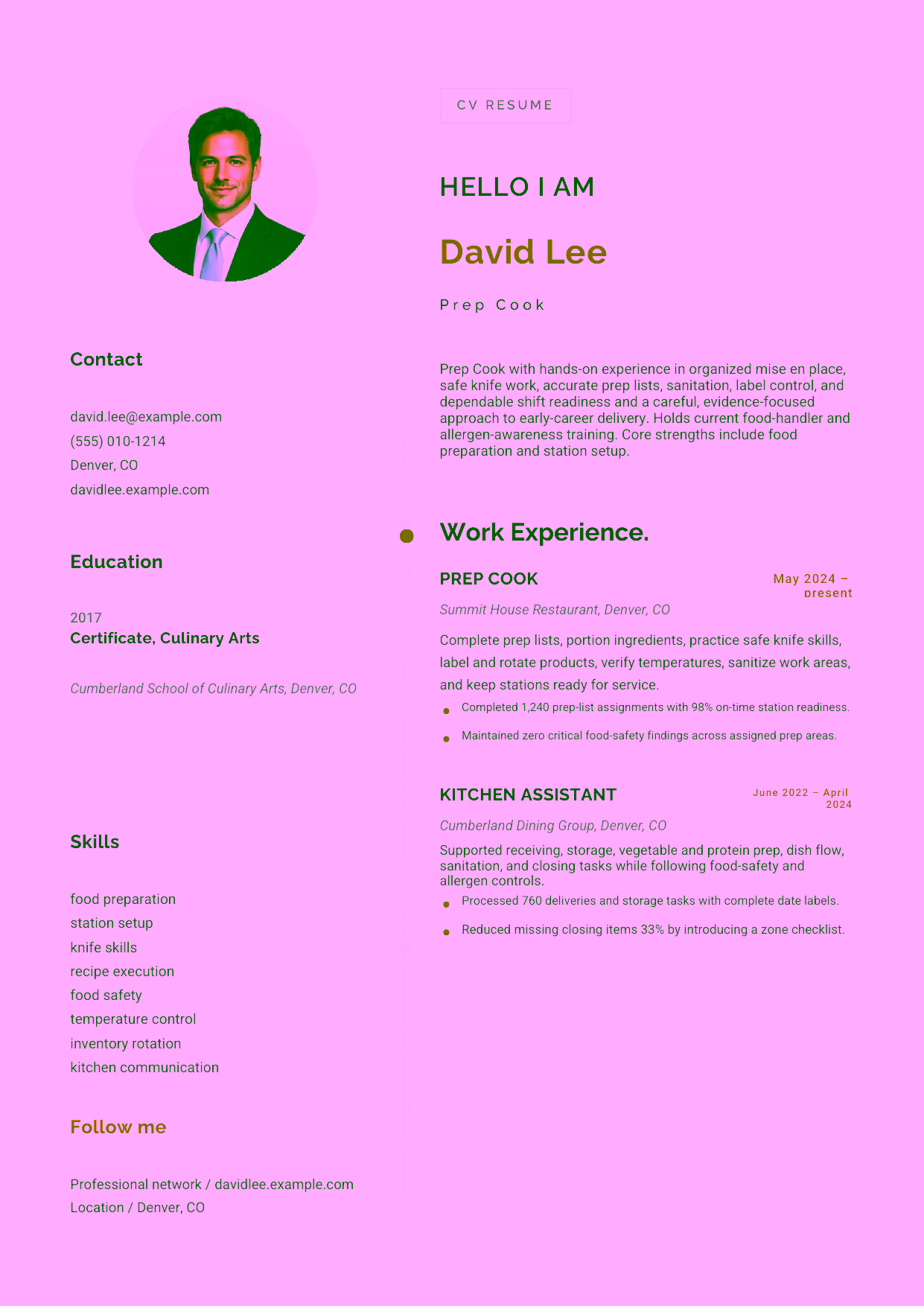 Entry-level Prep Cook resume example in the Eridanus template focused on organized mise en place, safe knife work, accurate prep lists, sanitation, label control, and dependable shift readiness.