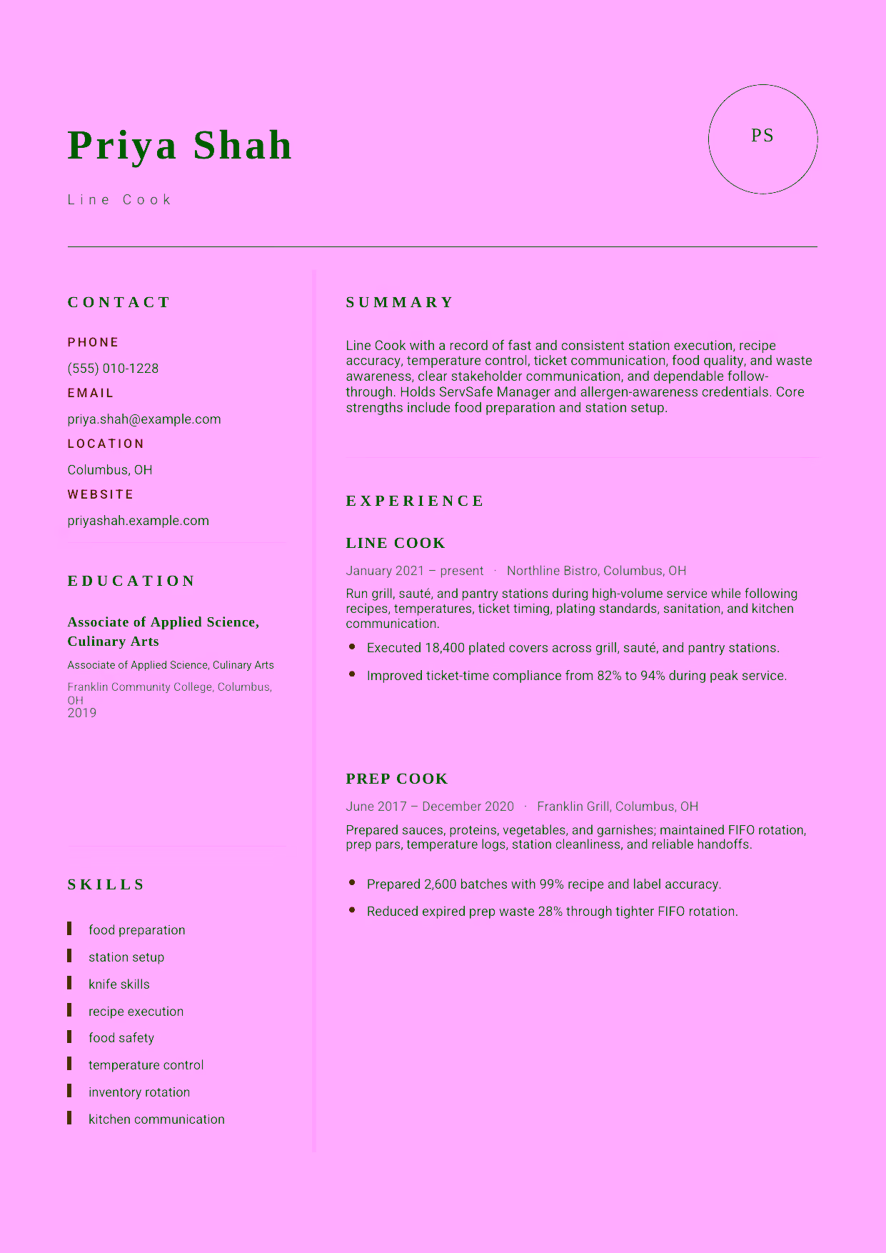 Mid-level Line Cook resume example in the Grus template focused on fast and consistent station execution, recipe accuracy, temperature control, ticket communication, food quality, and waste awareness.