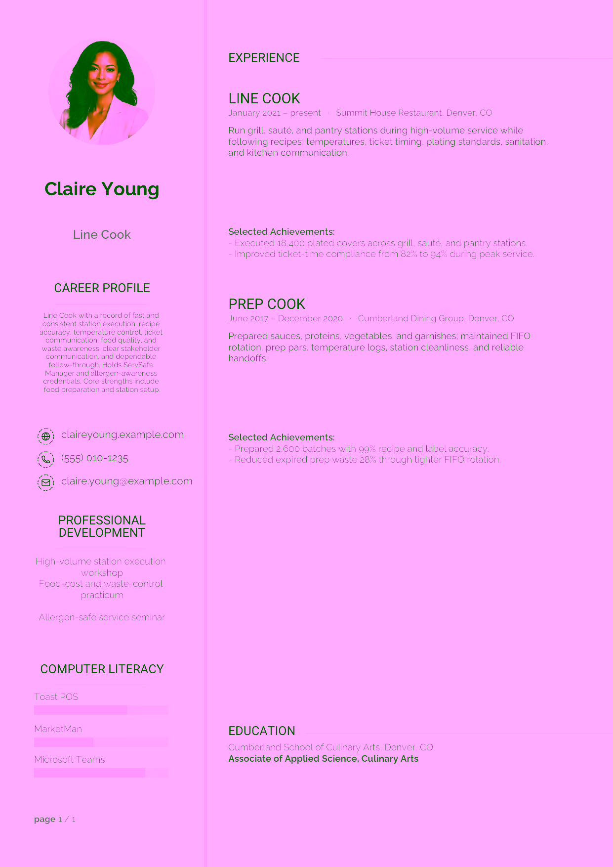 Mid-level Line Cook resume example in the Synnove template focused on fast and consistent station execution, recipe accuracy, temperature control, ticket communication, food quality, and waste awareness.