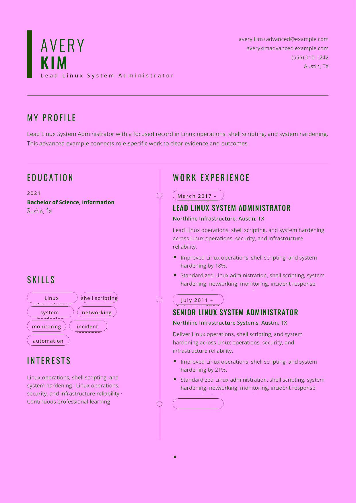 Advanced Lead Linux System Administrator resume example in the Caelum template focused on infrastructure automation, security, and technical leadership.