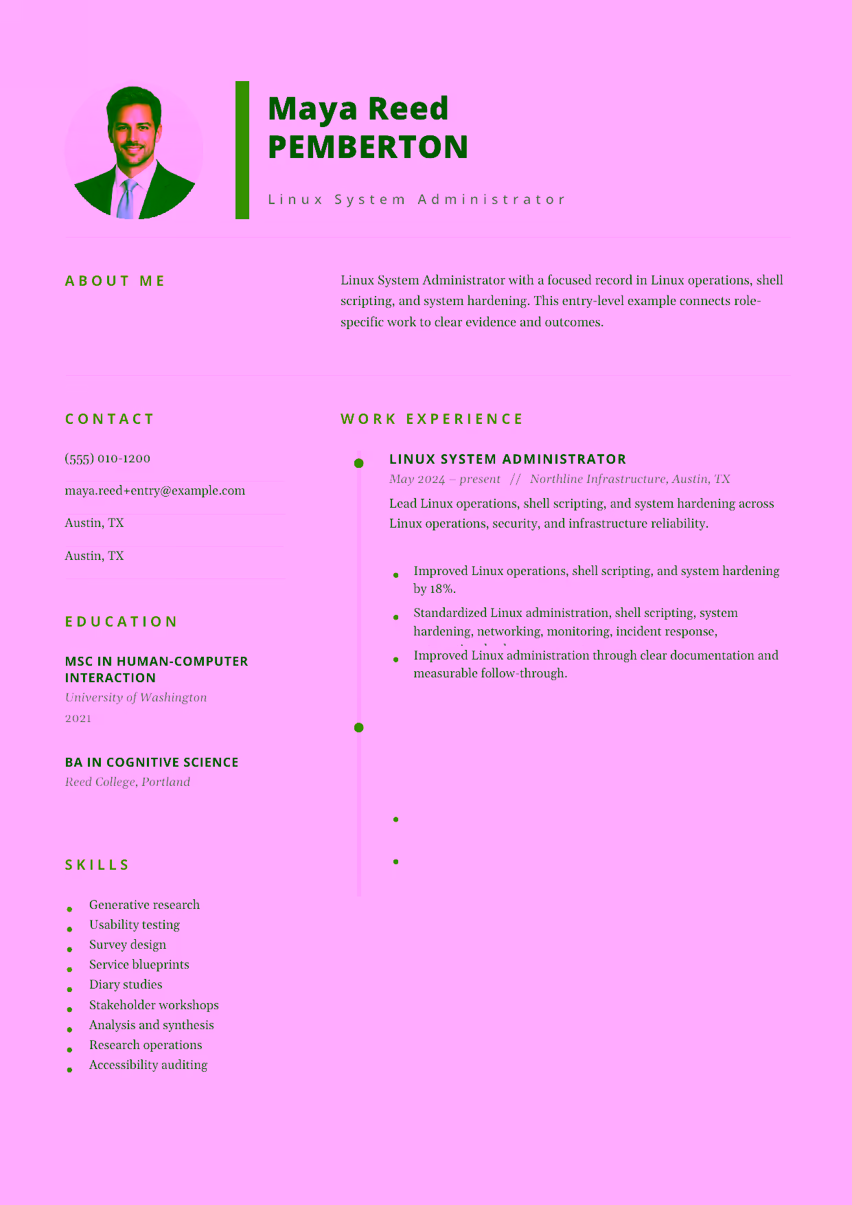Entry-level Linux System Administrator resume example in the Pegasus template focused on Linux operations, shell scripting, and system hardening.