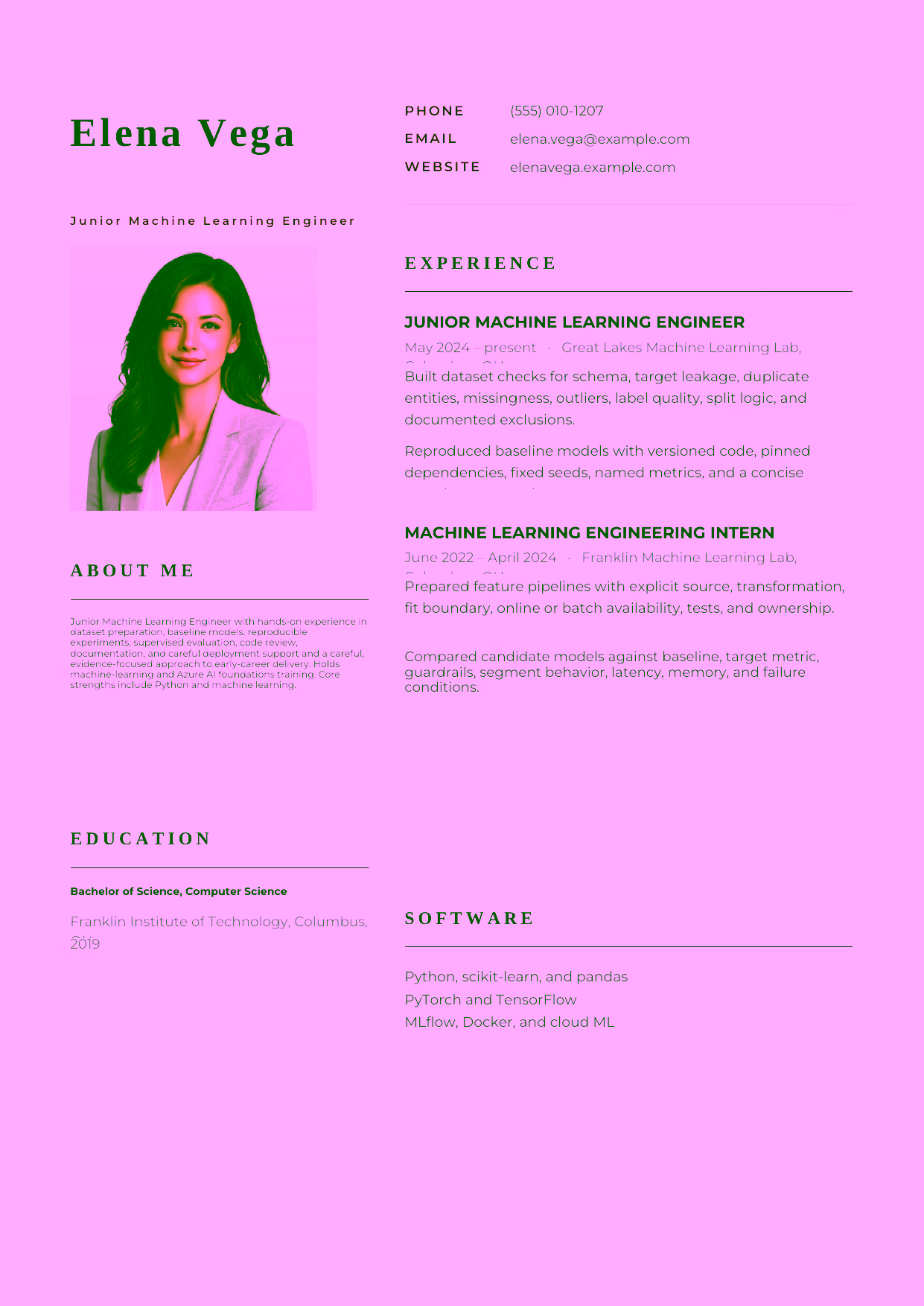 Entry-level Junior Machine Learning Engineer resume example in the Hydra template focused on dataset preparation, baseline models, reproducible experiments, supervised evaluation, code review, documentation, and careful deployment support.