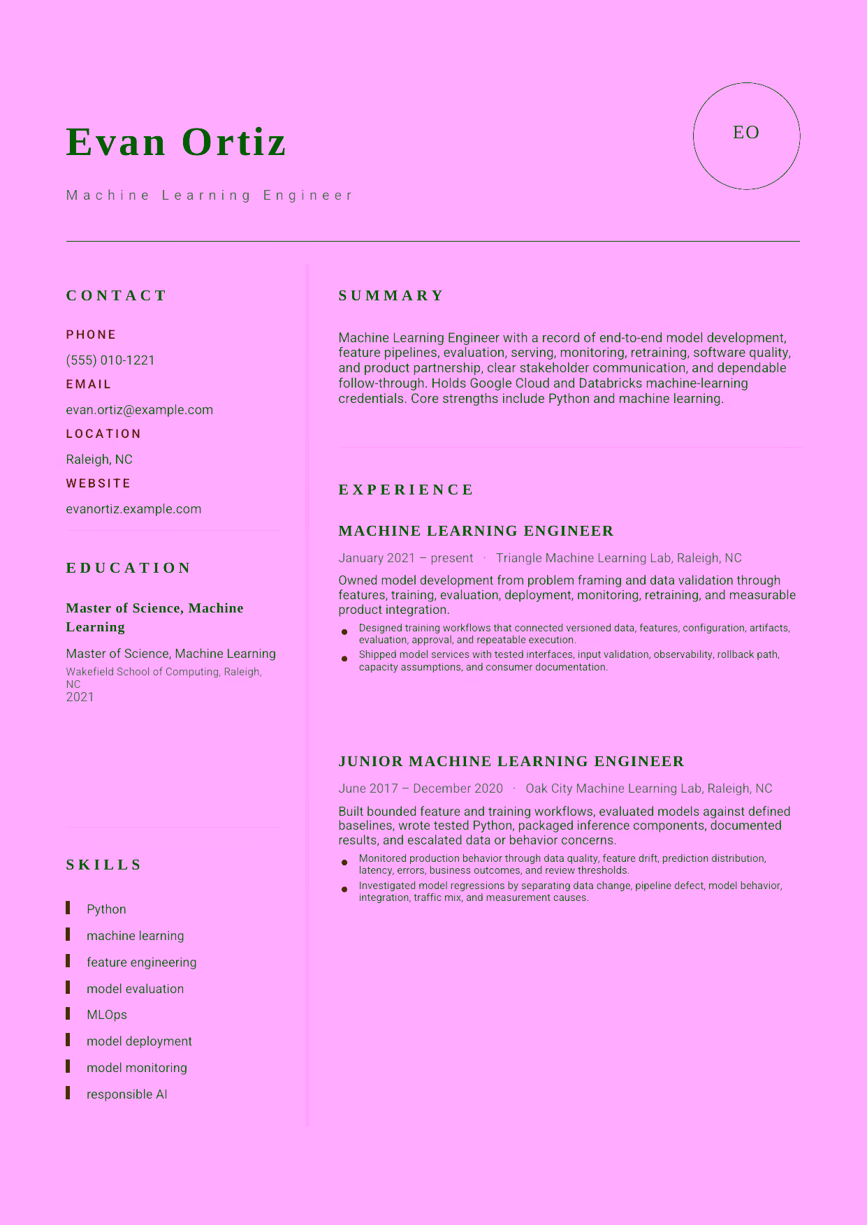 Mid-level Machine Learning Engineer resume example in the Grus template focused on end-to-end model development, feature pipelines, evaluation, serving, monitoring, retraining, software quality, and product partnership.