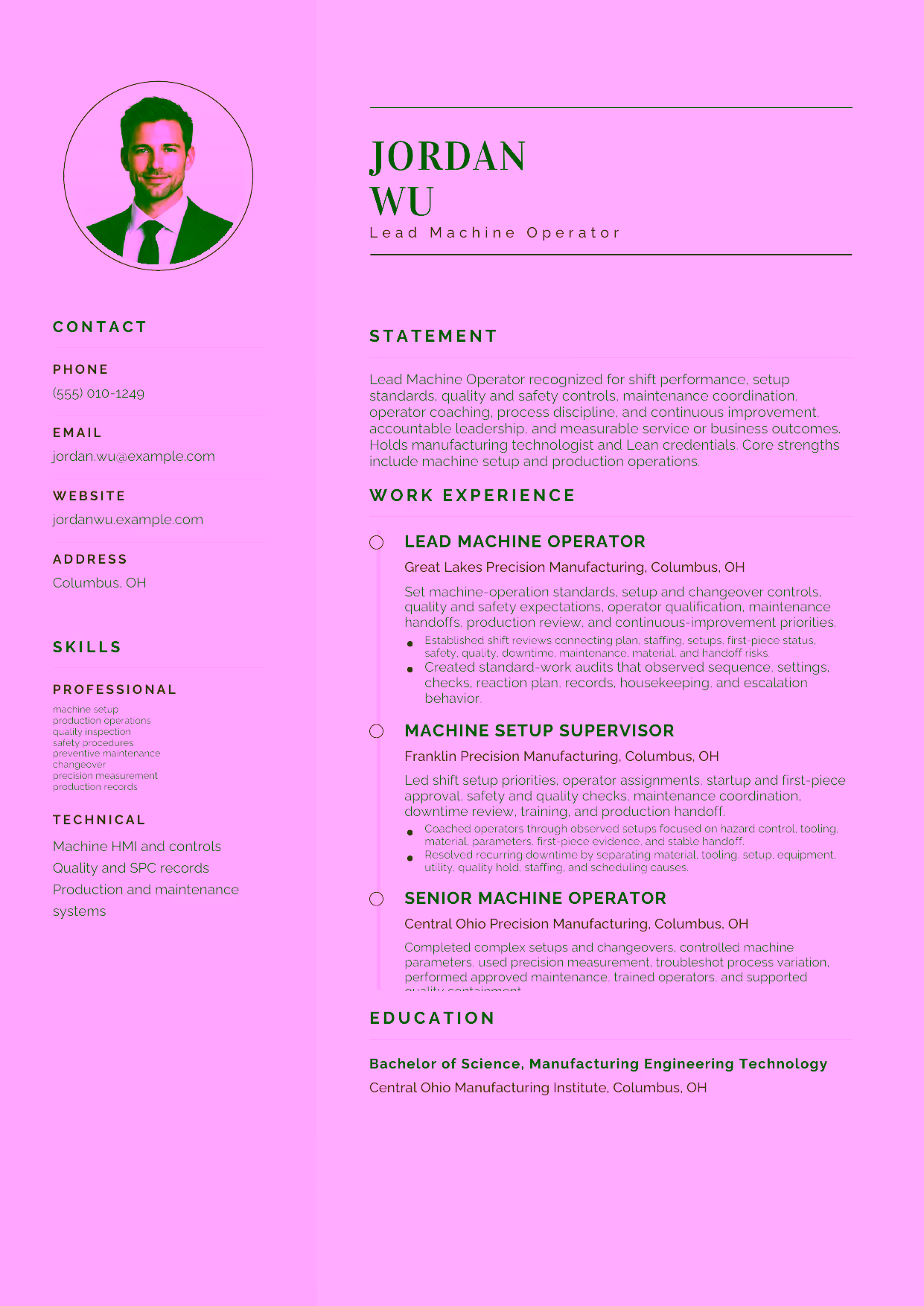 Advanced Lead Machine Operator resume example in the Cetus template focused on shift performance, setup standards, quality and safety controls, maintenance coordination, operator coaching, process discipline, and continuous improvement.