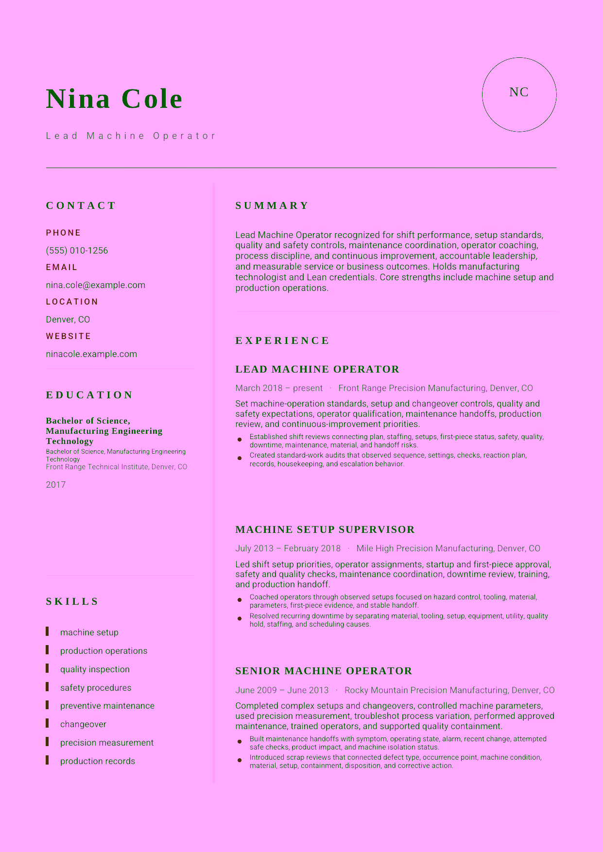 Advanced Lead Machine Operator resume example in the Grus template focused on shift performance, setup standards, quality and safety controls, maintenance coordination, operator coaching, process discipline, and continuous improvement.