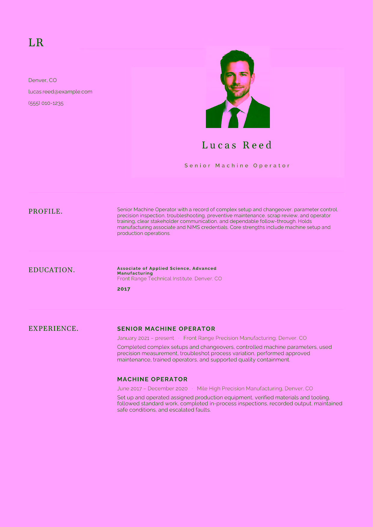 Mid-level Senior Machine Operator resume example in the Norma template focused on complex setup and changeover, parameter control, precision inspection, troubleshooting, preventive maintenance, scrap review, and operator training.