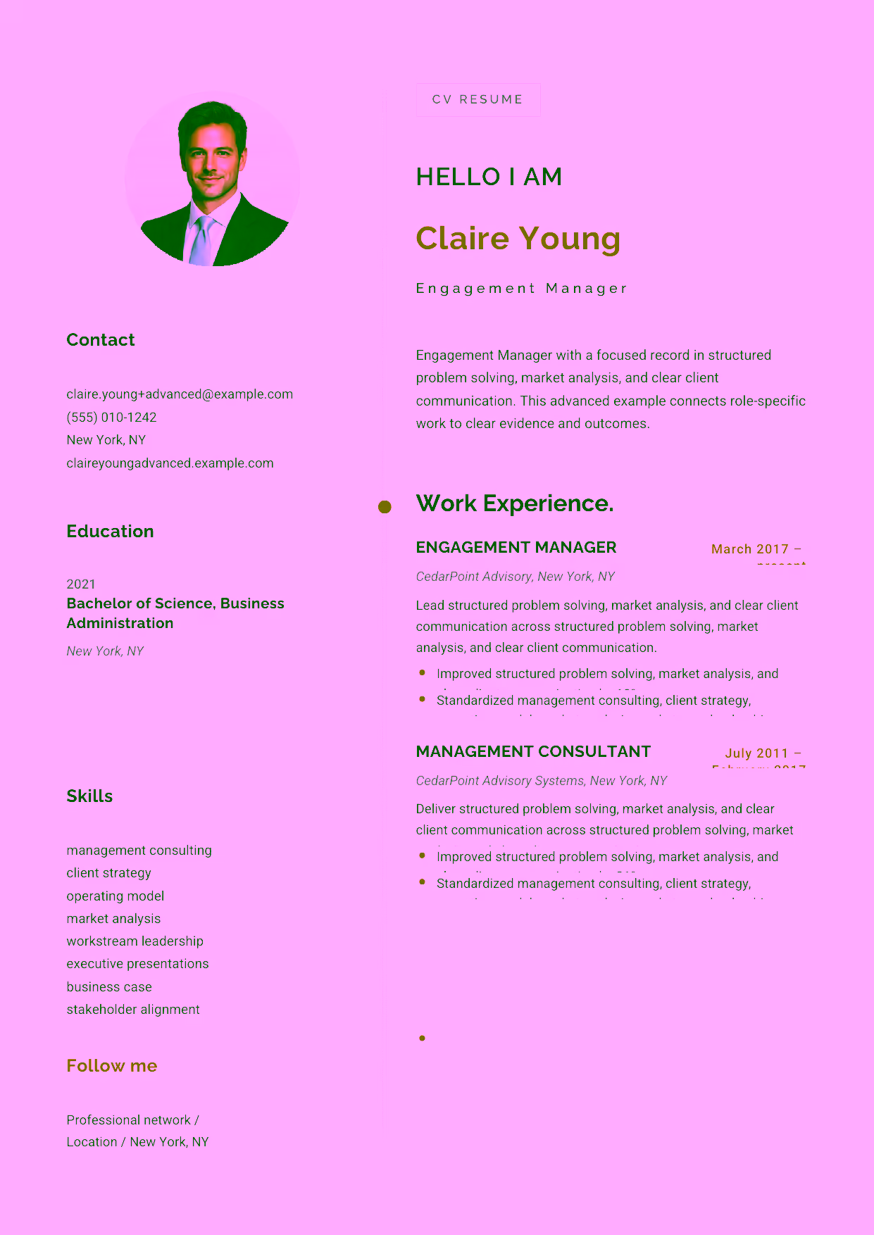 Advanced Engagement Manager resume example in the Eridanus template focused on executive stakeholder alignment, business-case development, and team leadership.