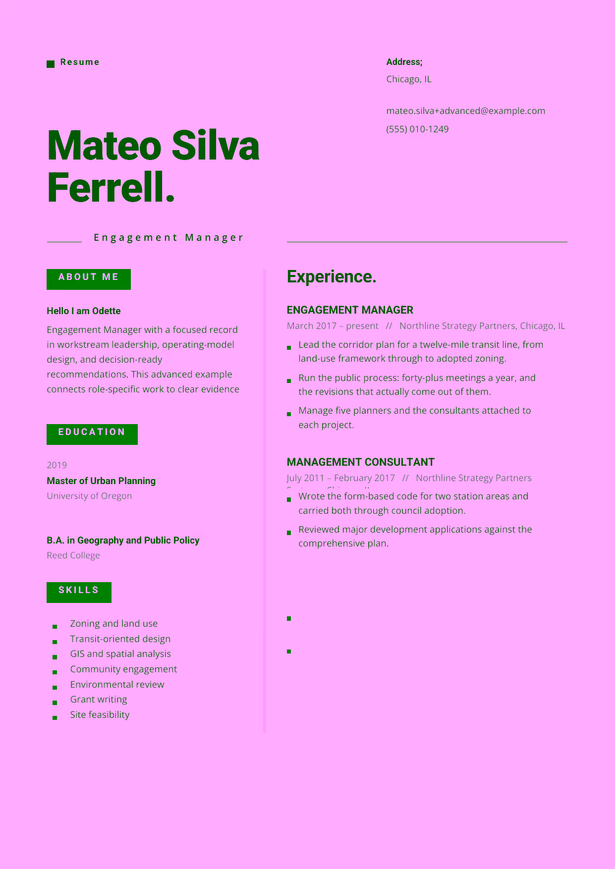 Advanced Engagement Manager resume example in the Indus template focused on executive stakeholder alignment, business-case development, and team leadership.