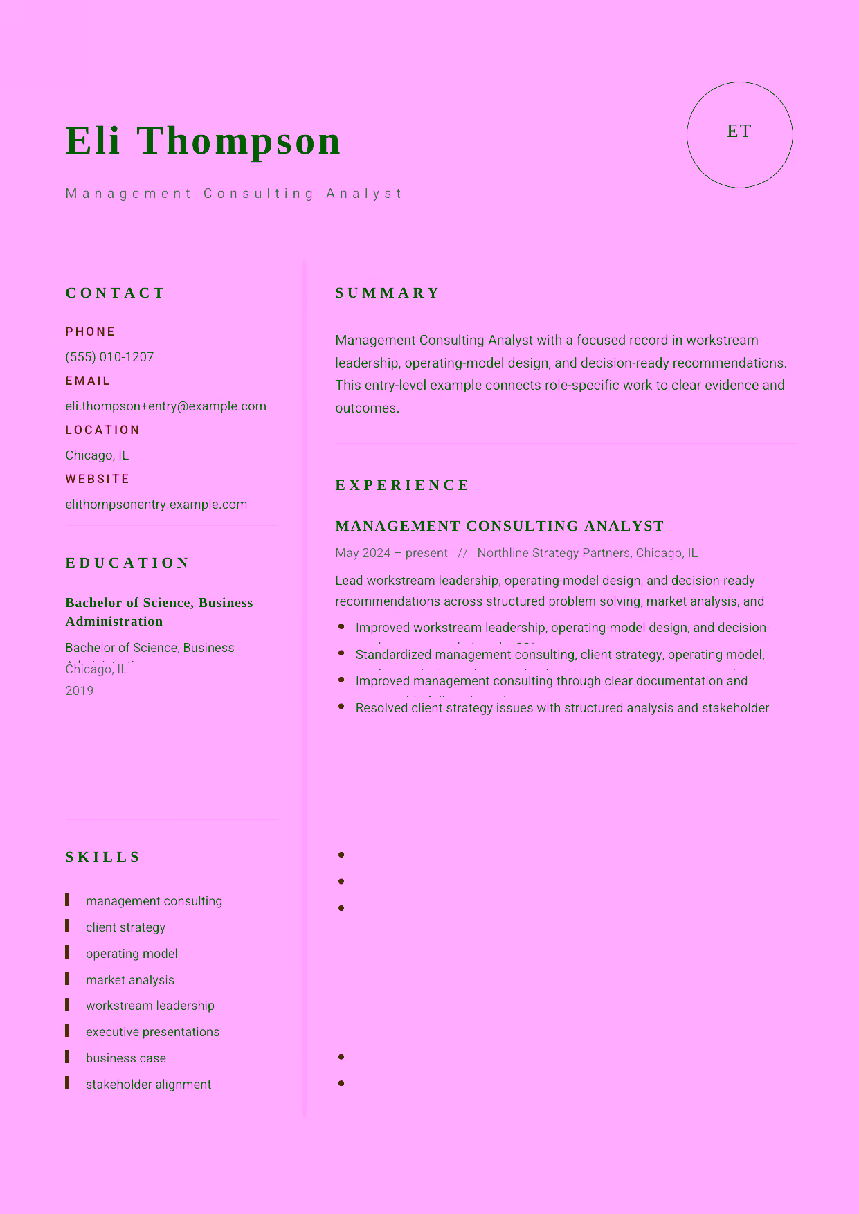 Entry-level Management Consultant resume example in the Grus template focused on structured problem solving, market analysis, and clear client communication.