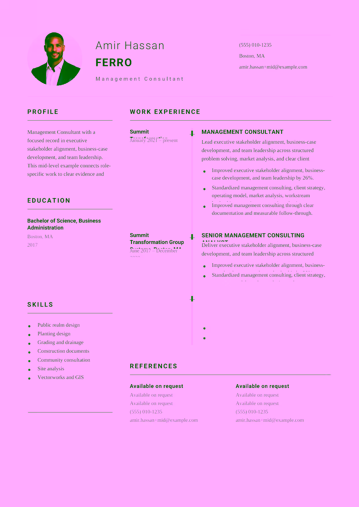 Mid-level Senior Management Consultant resume example in the Puppis template focused on workstream leadership, operating-model design, and decision-ready recommendations.