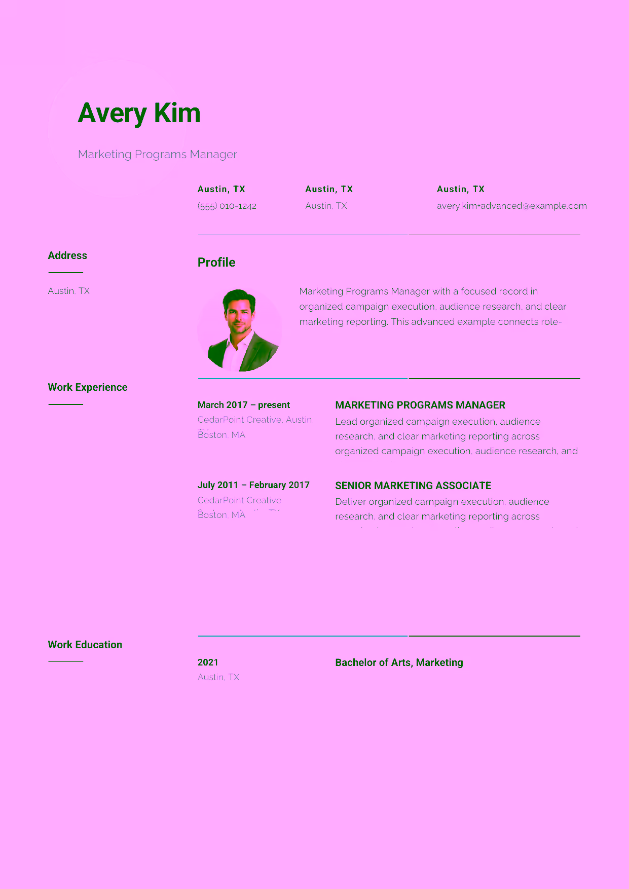 Advanced Marketing Programs Manager resume example in the Pavo template focused on integrated program strategy, SEO growth, and marketing-team leadership.