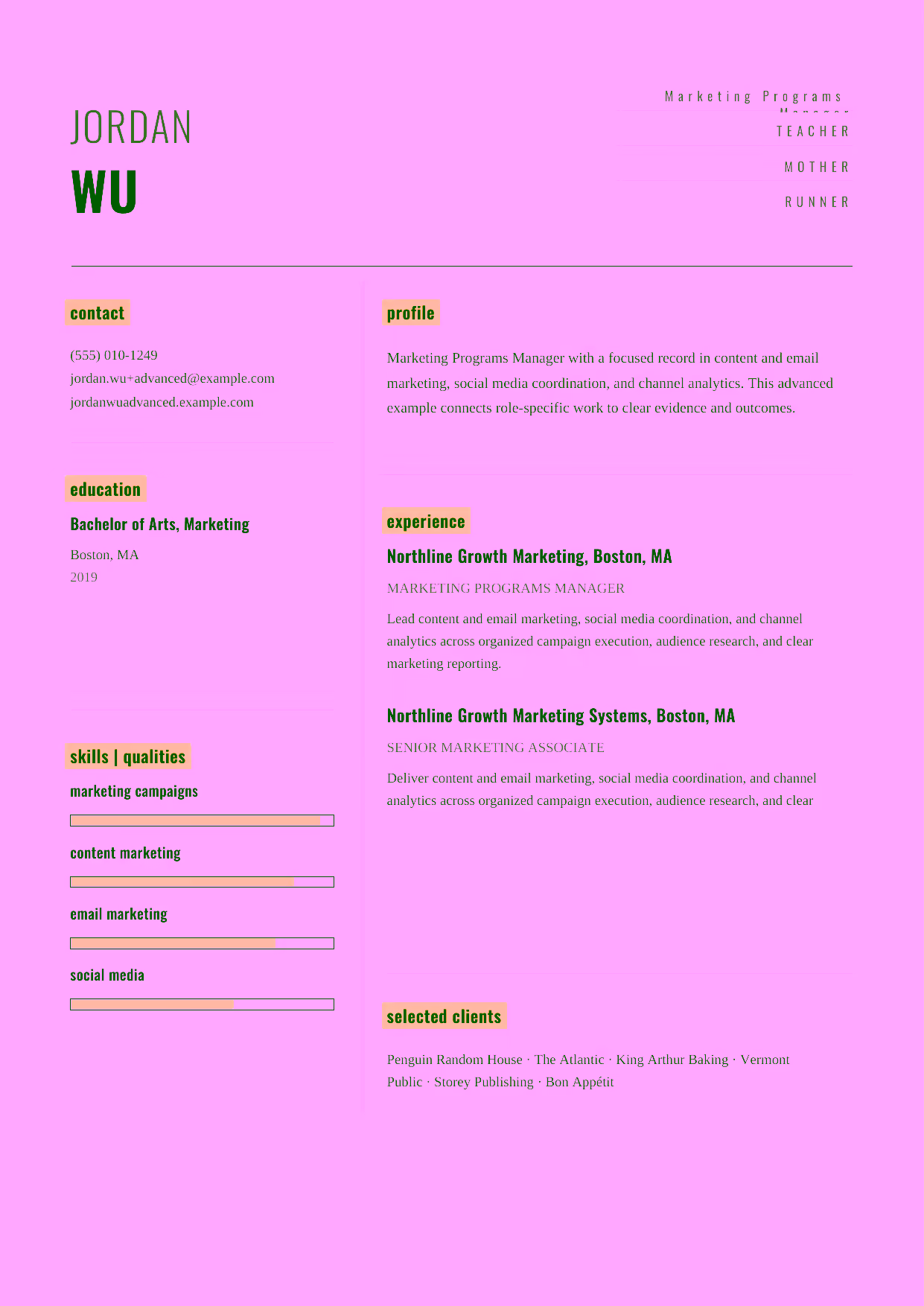Advanced Marketing Programs Manager resume example in the Dorado template focused on integrated program strategy, SEO growth, and marketing-team leadership.