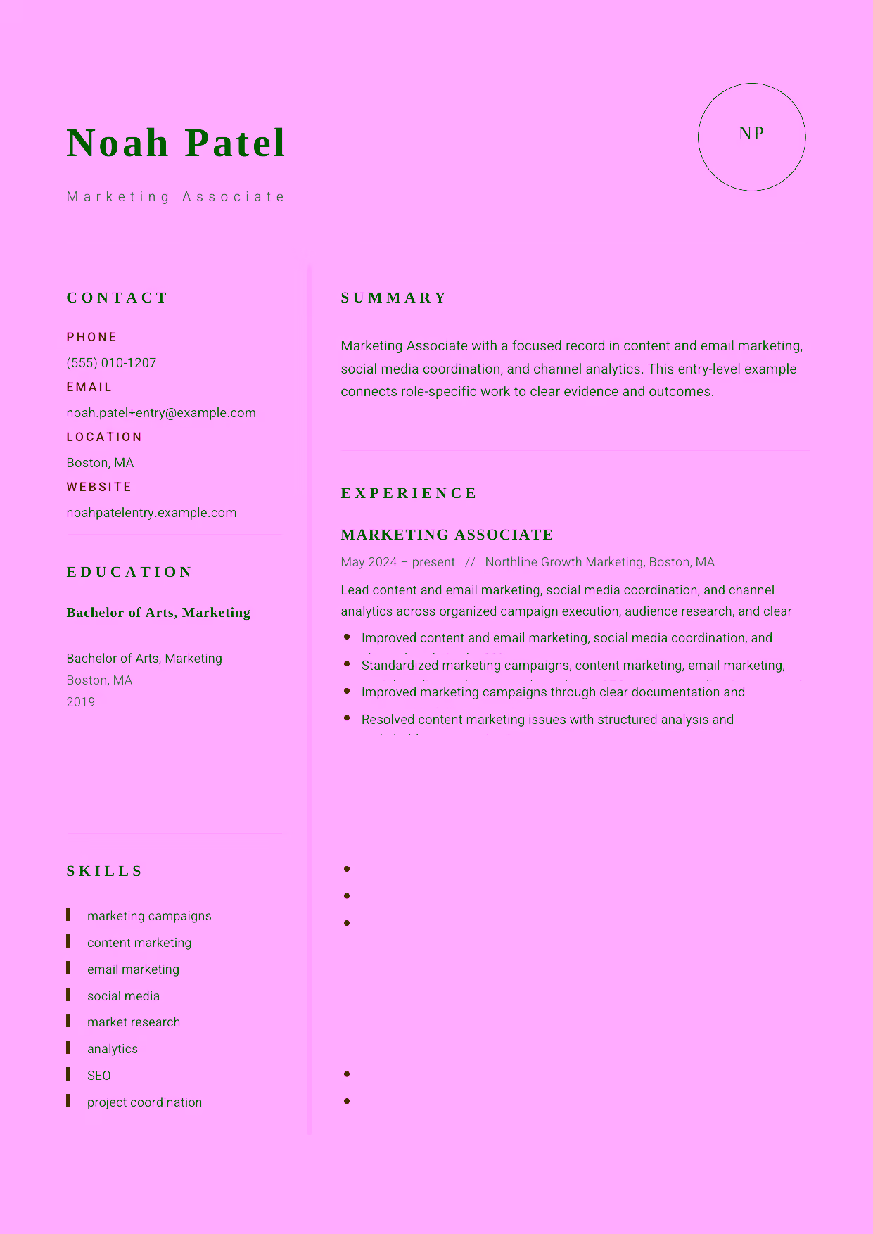 Entry-level Marketing Associate resume example in the Grus template focused on organized campaign execution, audience research, and clear marketing reporting.