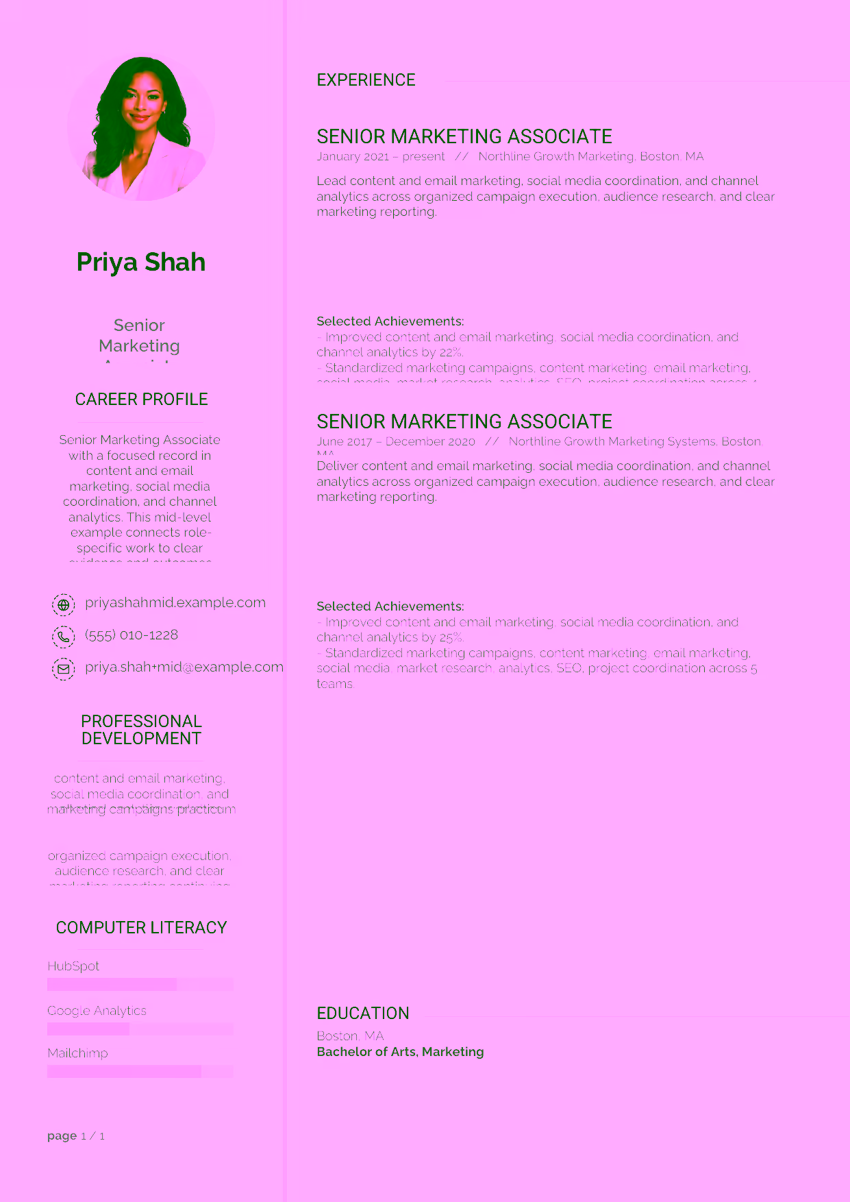 Mid-level Senior Marketing Associate resume example in the Synnove template focused on content and email marketing, social media coordination, and channel analytics.