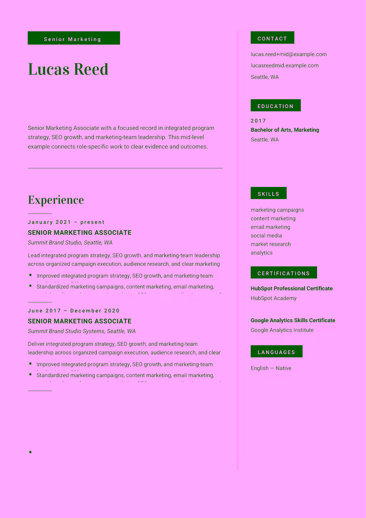 Mid-level Senior Marketing Associate resume example in the Aquila template focused on content and email marketing, social media coordination, and channel analytics.