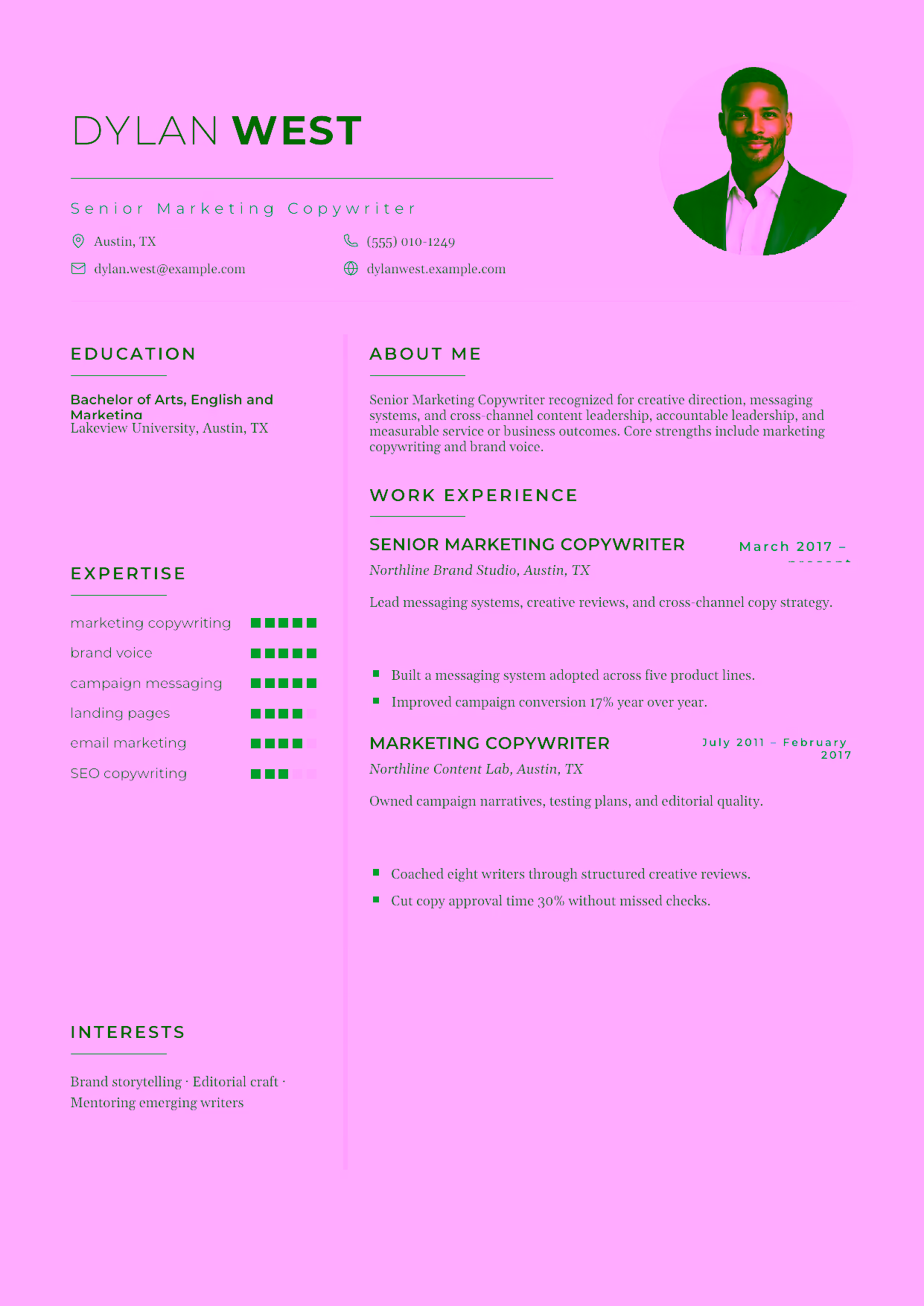 Advanced Senior Marketing Copywriter resume example in the Achernar template focused on creative direction, messaging systems, and cross-channel content leadership.