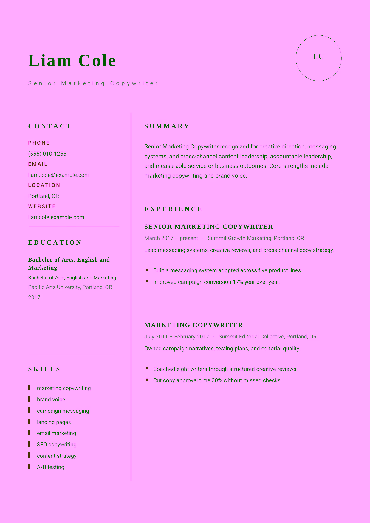 Advanced Senior Marketing Copywriter resume example in the Grus template focused on creative direction, messaging systems, and cross-channel content leadership.