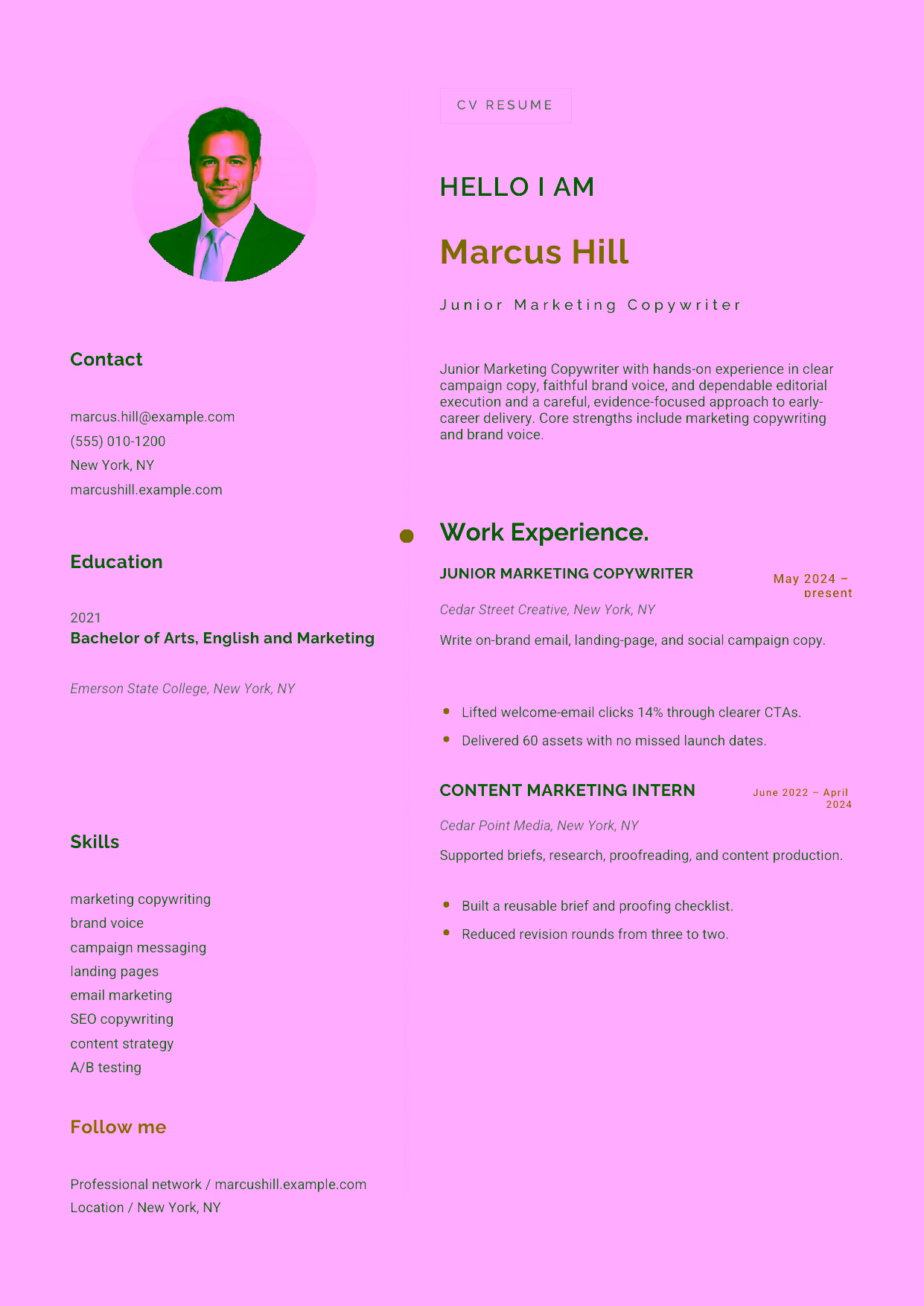 Entry-level Junior Marketing Copywriter resume example in the Eridanus template focused on clear campaign copy, faithful brand voice, and dependable editorial execution.