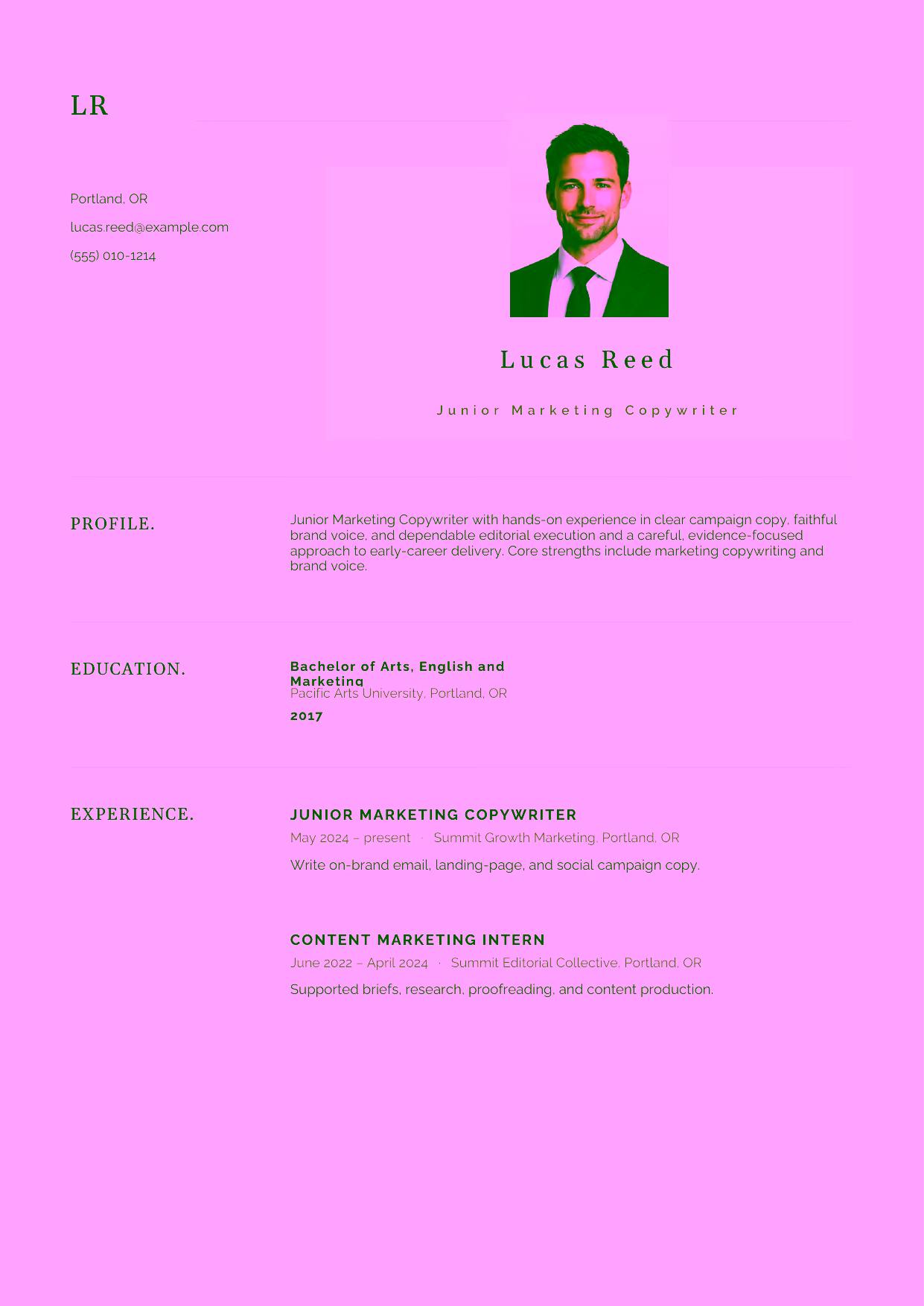Entry-level Junior Marketing Copywriter resume example in the Norma template focused on clear campaign copy, faithful brand voice, and dependable editorial execution.