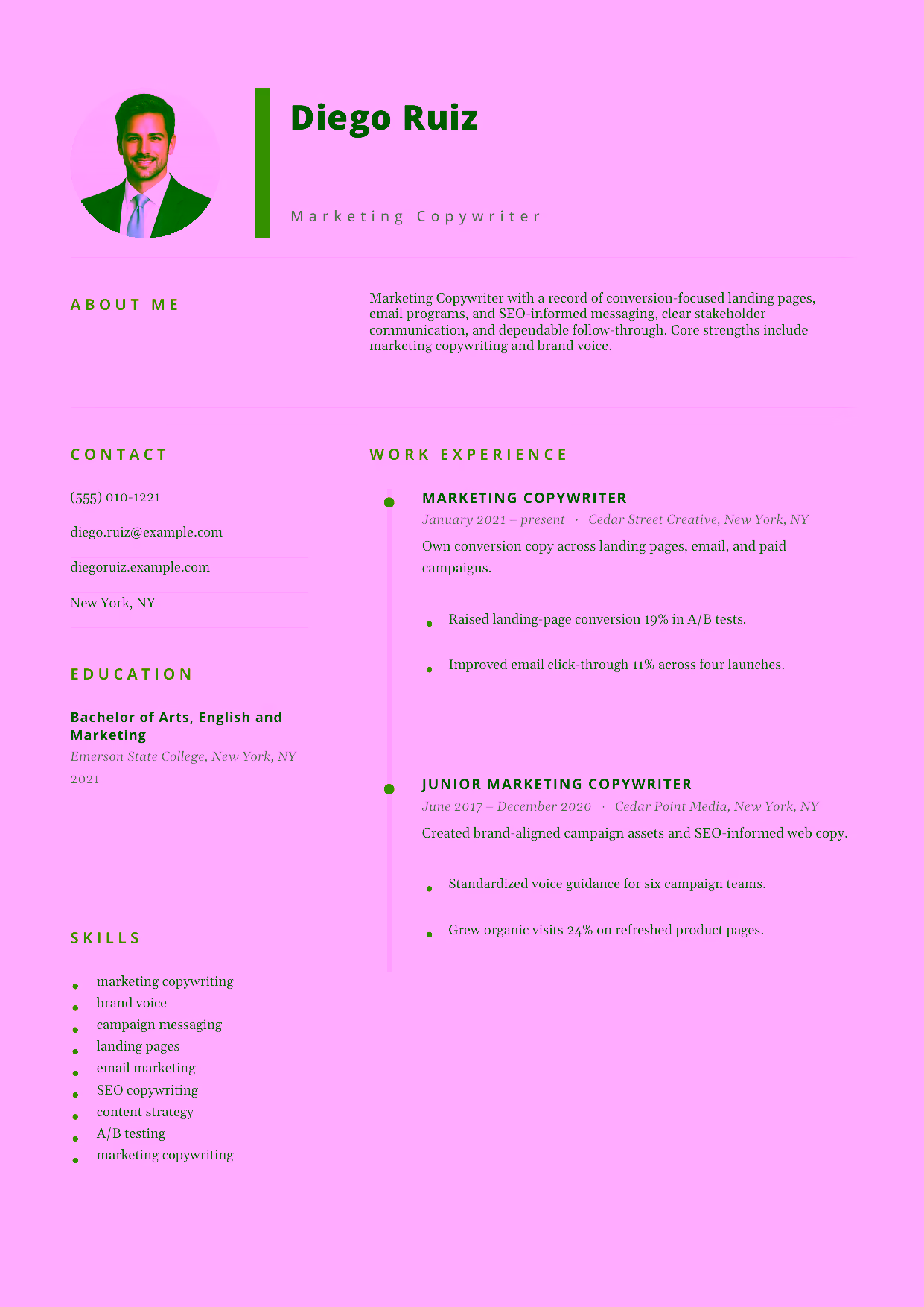 Mid-level Marketing Copywriter resume example in the Pegasus template focused on conversion-focused landing pages, email programs, and SEO-informed messaging.
