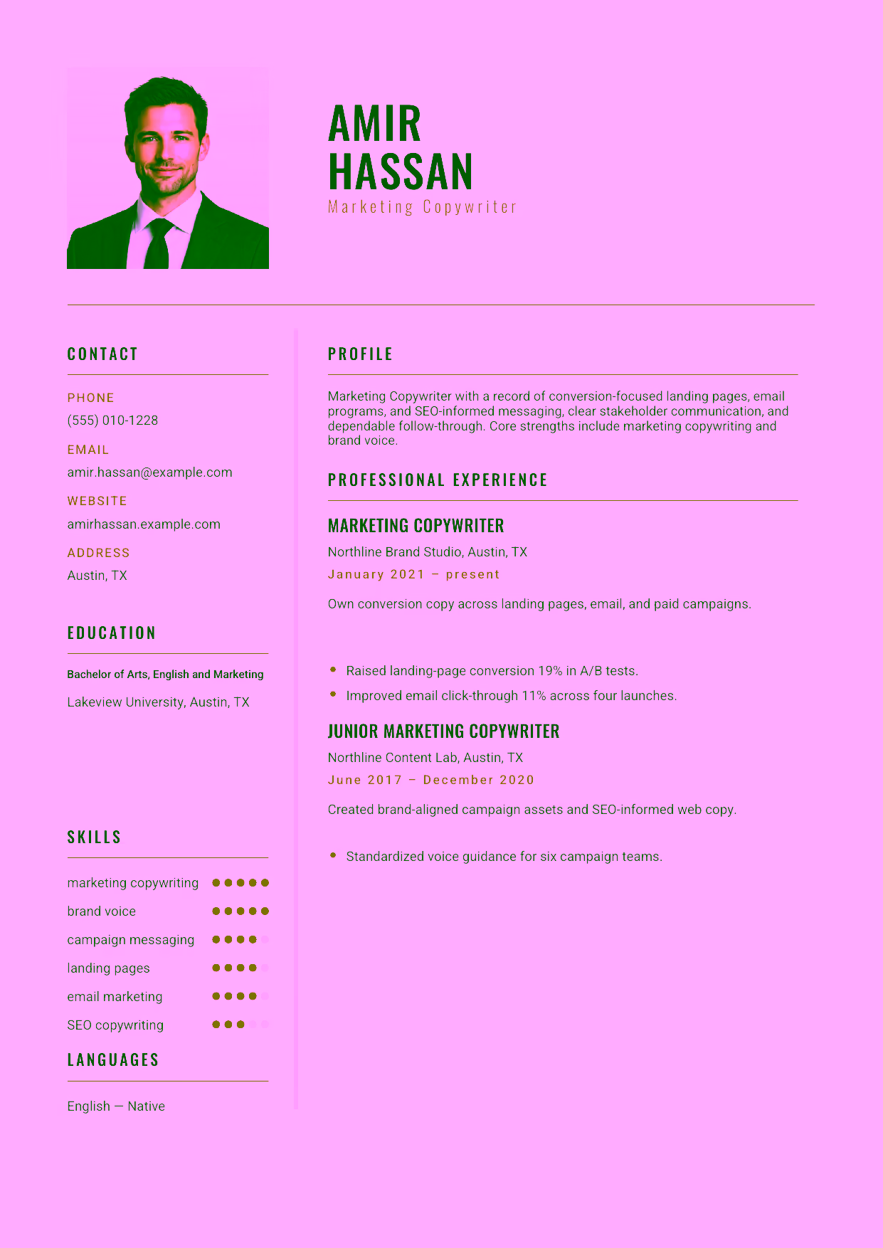 Mid-level Marketing Copywriter resume example in the Acamar template focused on conversion-focused landing pages, email programs, and SEO-informed messaging.