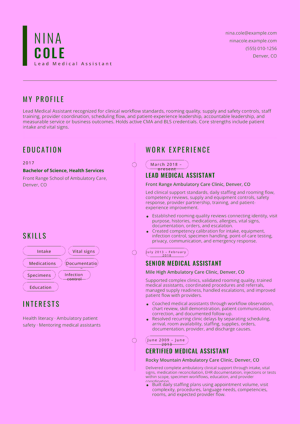 Advanced Lead Medical Assistant resume example in the Caelum template focused on clinical workflow standards, rooming quality, supply and safety controls, staff training, provider coordination, scheduling flow, and patient-experience leadership.