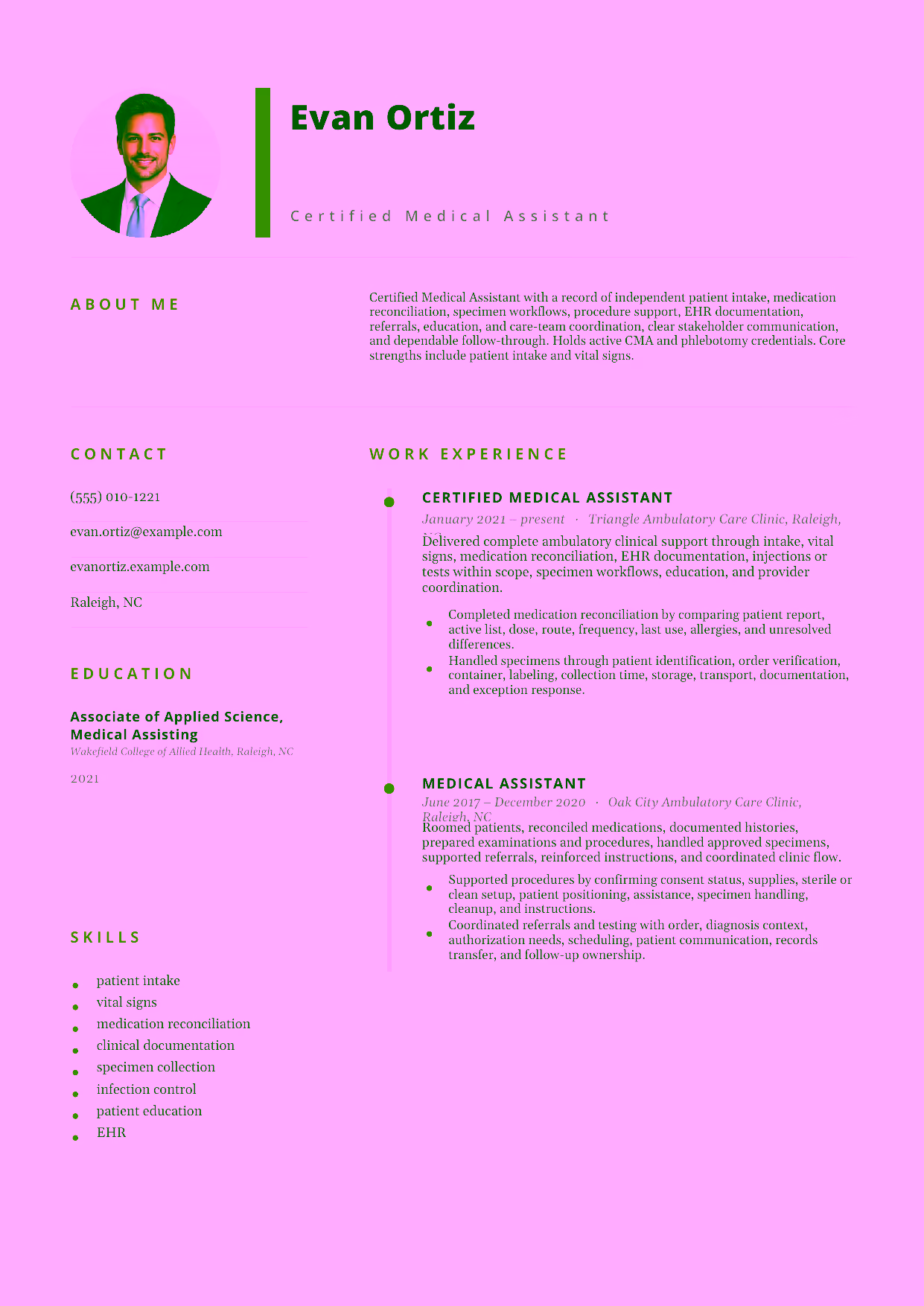 Mid-level Certified Medical Assistant resume example in the Pegasus template focused on independent patient intake, medication reconciliation, specimen workflows, procedure support, EHR documentation, referrals, education, and care-team coordination.