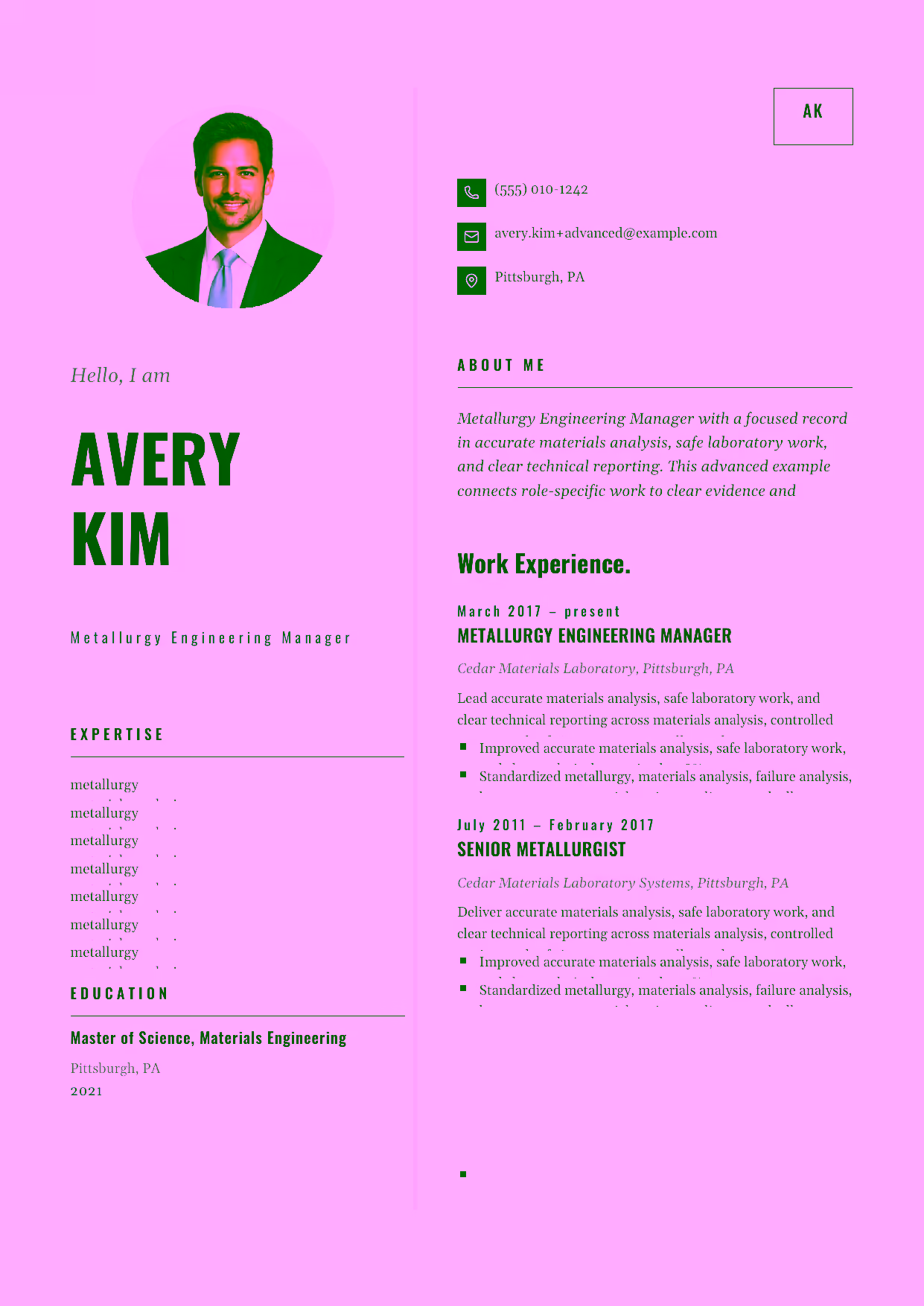 Advanced Metallurgy Engineering Manager resume example in the Equuleus template focused on metallurgy strategy, alloy development, and laboratory-team leadership.