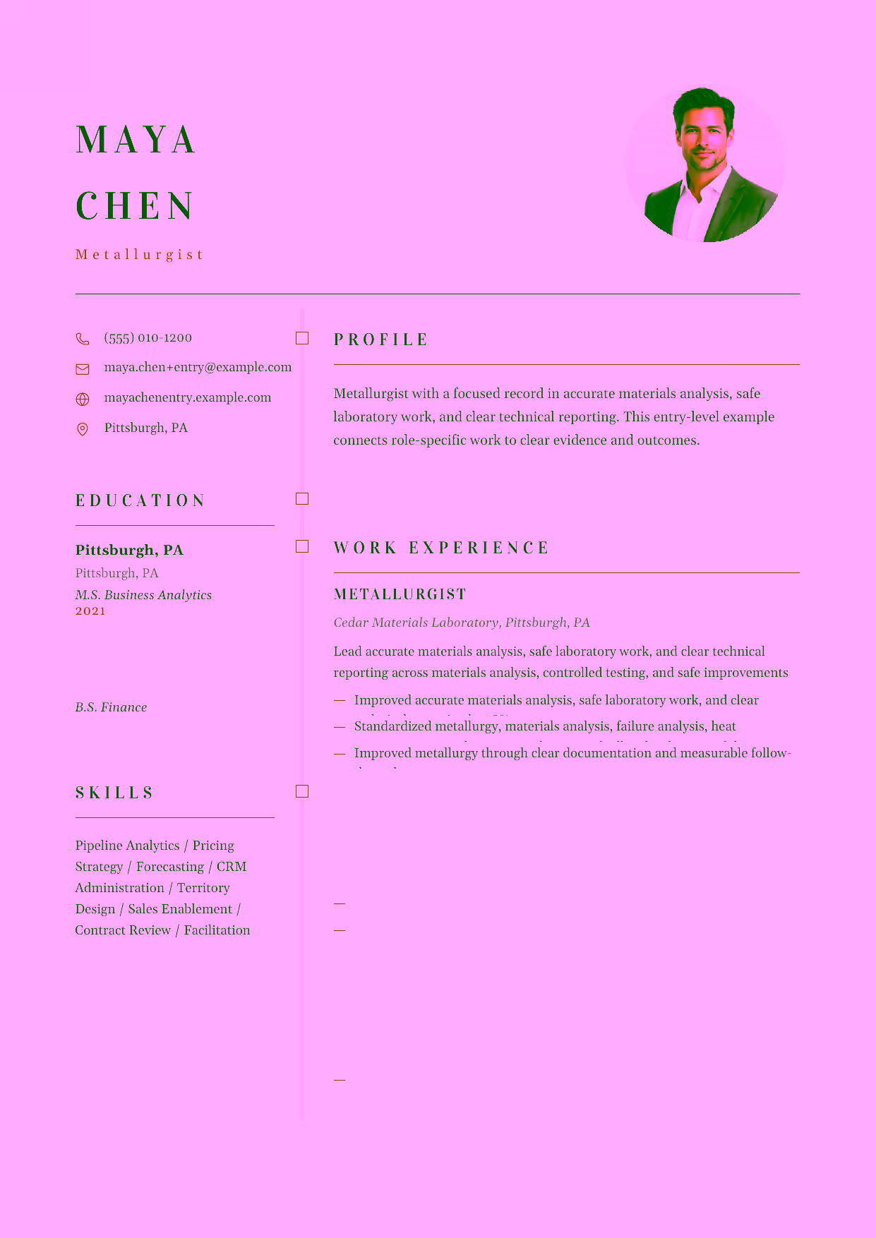 Entry-level Metallurgist resume example in the Draco template focused on accurate materials analysis, safe laboratory work, and clear technical reporting.