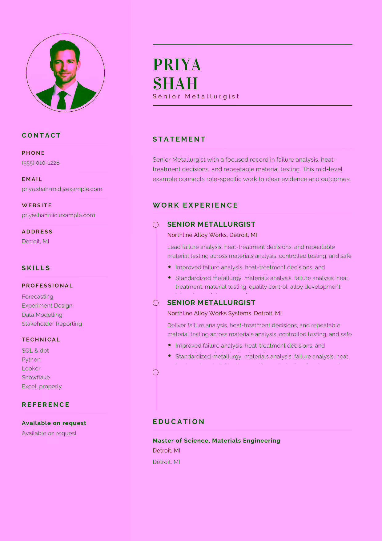 Mid-level Senior Metallurgist resume example in the Cetus template focused on failure analysis, heat-treatment decisions, and repeatable material testing.