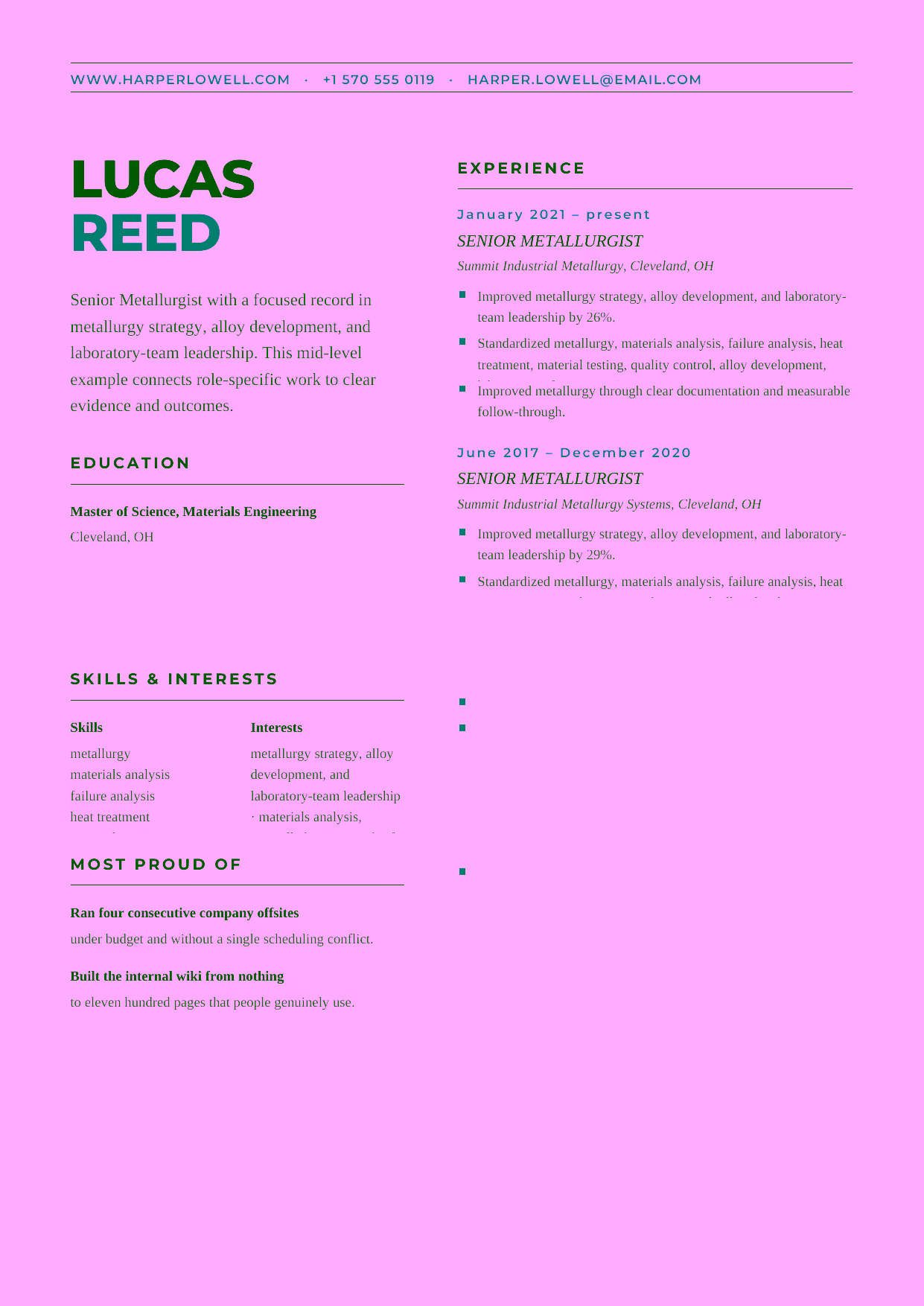 Mid-level Senior Metallurgist resume example in the Bootes template focused on failure analysis, heat-treatment decisions, and repeatable material testing.