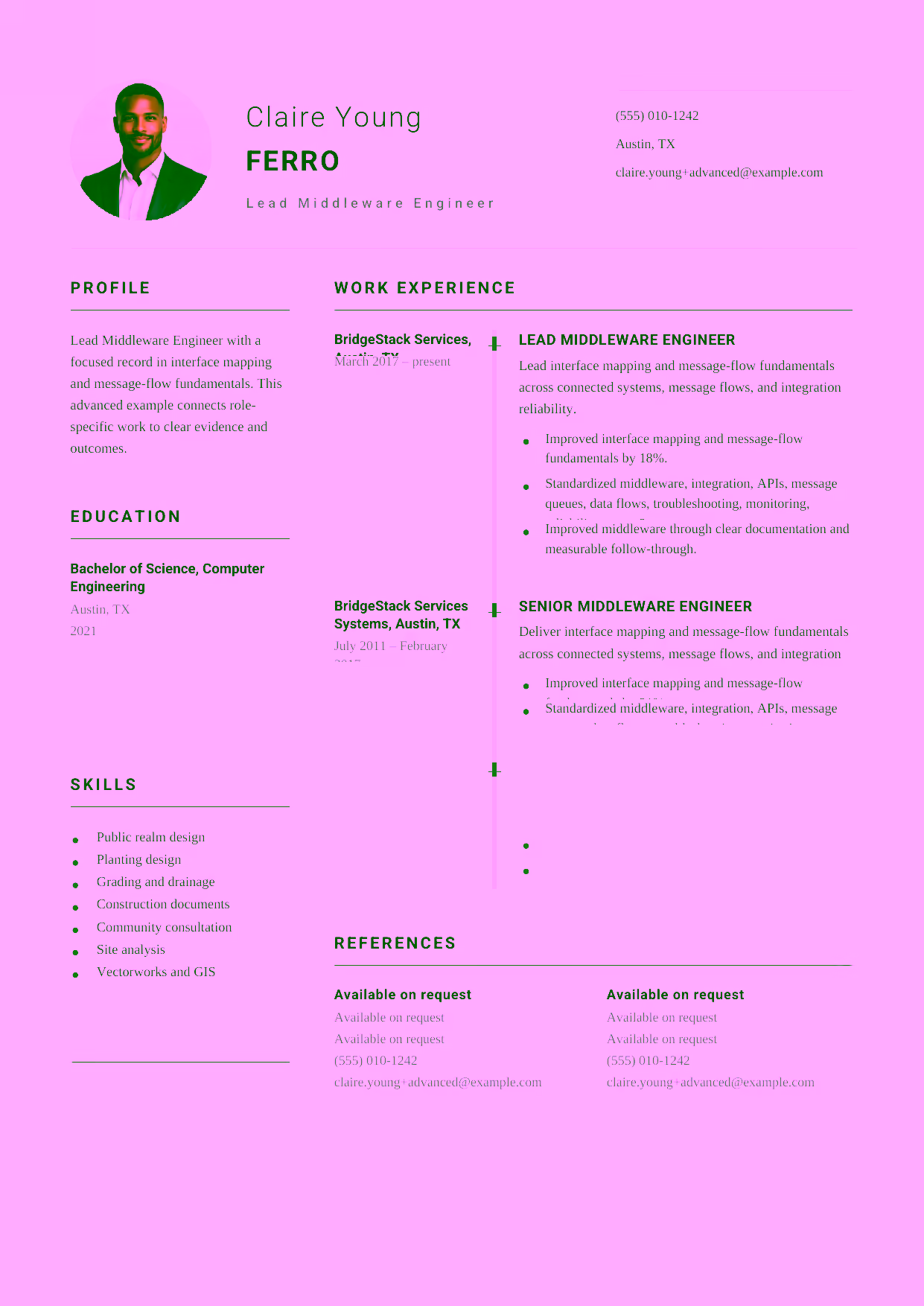 Advanced Lead Middleware Engineer resume example in the Puppis template focused on integration architecture, reliability, and technical leadership.