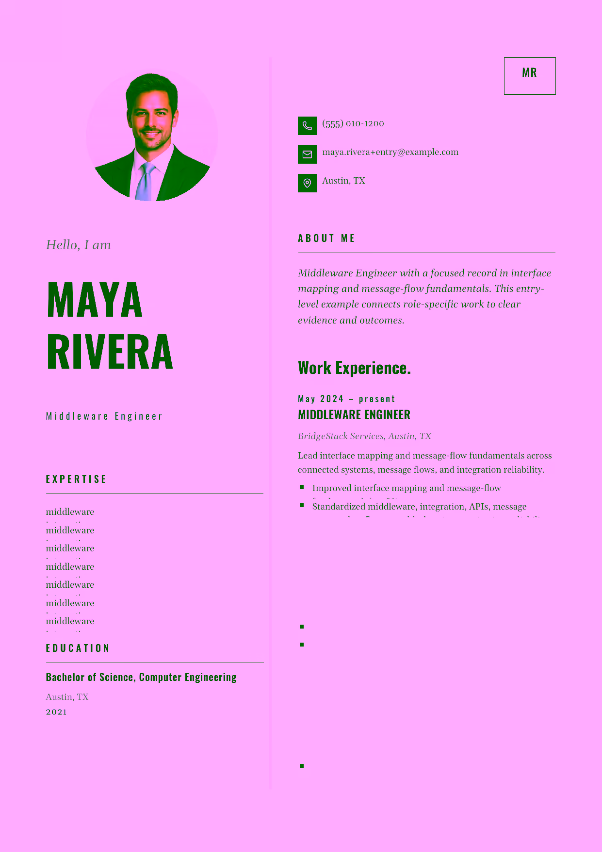 Entry-level Middleware Engineer resume example in the Equuleus template focused on interface mapping and message-flow fundamentals.