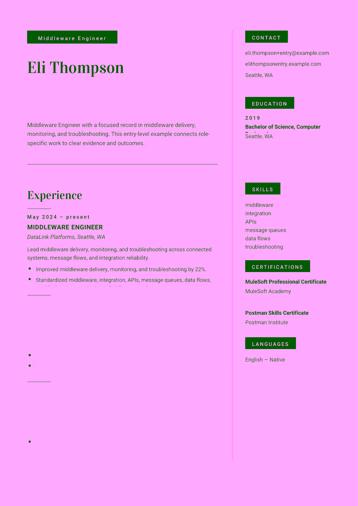 Entry-level Middleware Engineer resume example in the Aquila template focused on interface mapping and message-flow fundamentals.