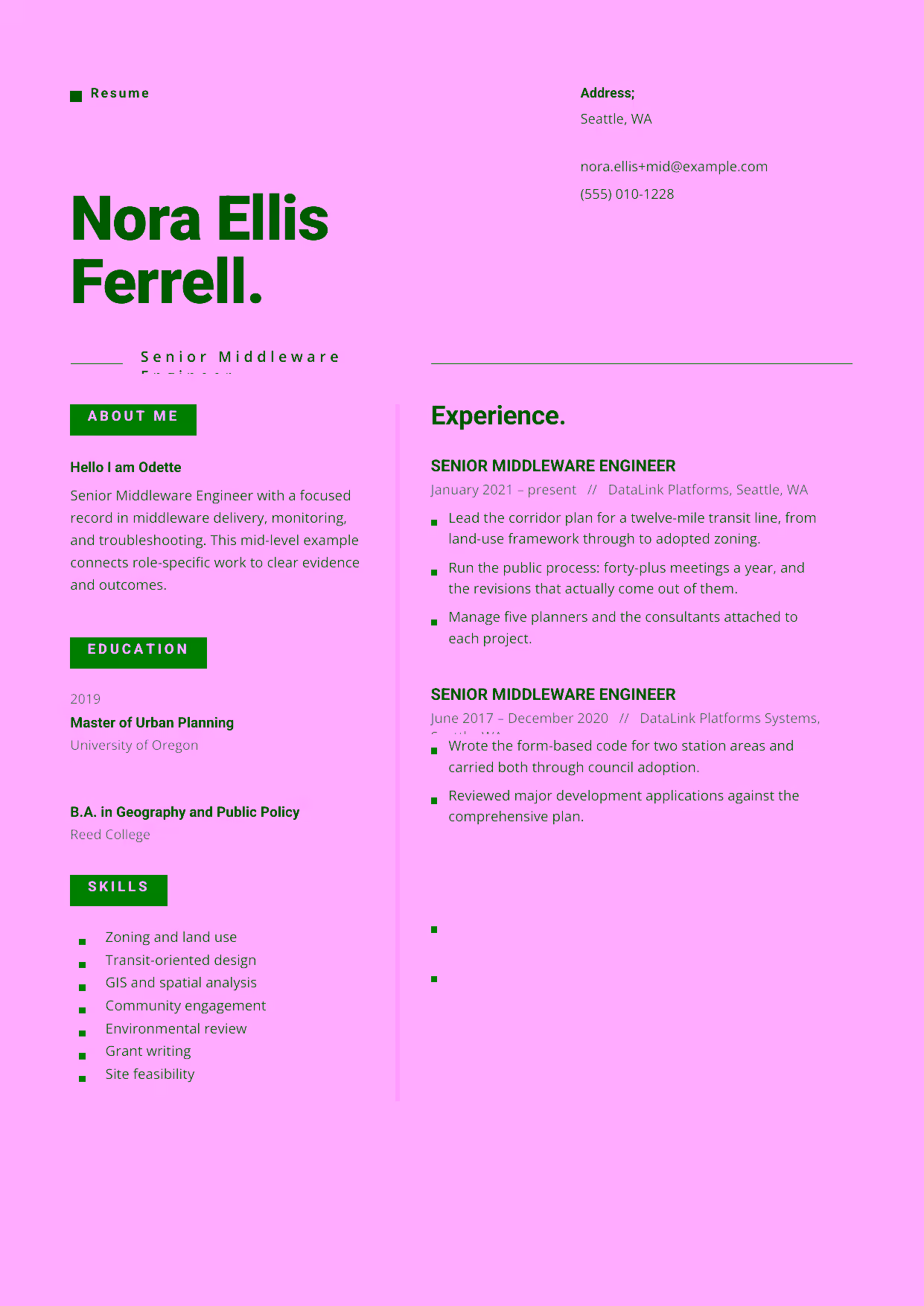 Mid-level Senior Middleware Engineer resume example in the Indus template focused on middleware delivery, monitoring, and troubleshooting.