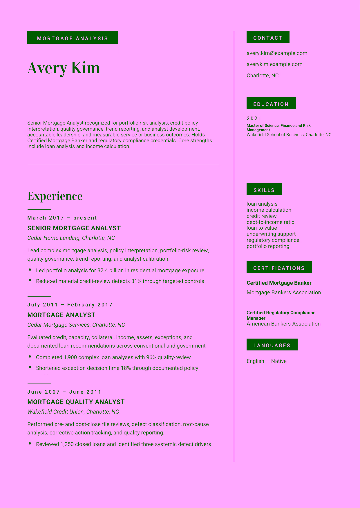 Advanced Senior Mortgage Analyst resume example in the Aquila template focused on portfolio risk analysis, credit-policy interpretation, quality governance, trend reporting, and analyst development.