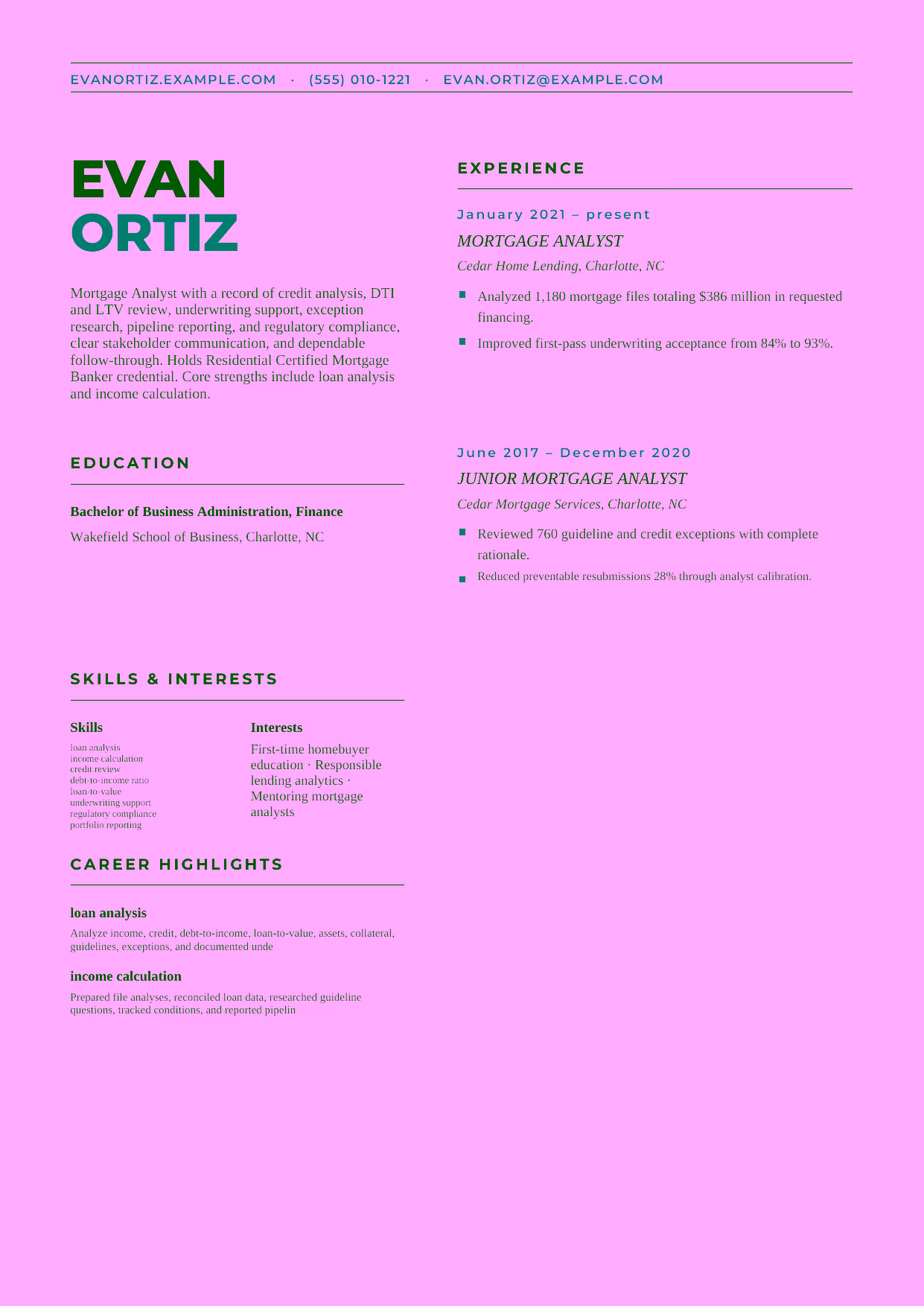 Mid-level Mortgage Analyst resume example in the Bootes template focused on credit analysis, DTI and LTV review, underwriting support, exception research, pipeline reporting, and regulatory compliance.