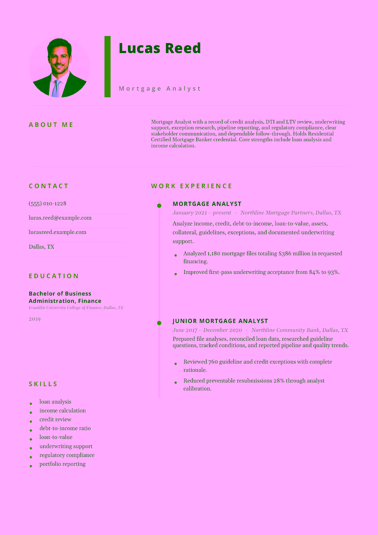 Mid-level Mortgage Analyst resume example in the Pegasus template focused on credit analysis, DTI and LTV review, underwriting support, exception research, pipeline reporting, and regulatory compliance.