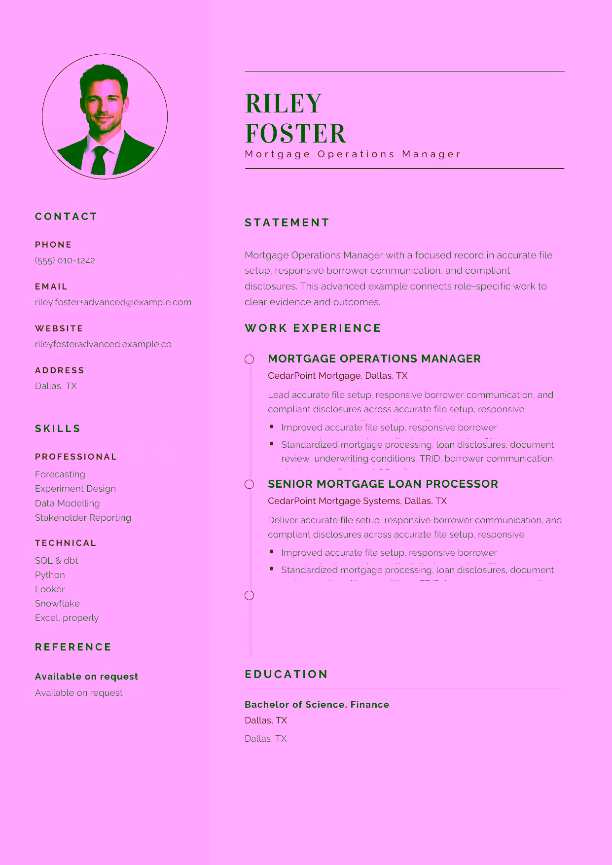 Advanced Mortgage Operations Manager resume example in the Cetus template focused on mortgage-operations controls, cycle-time improvement, and processor-team leadership.