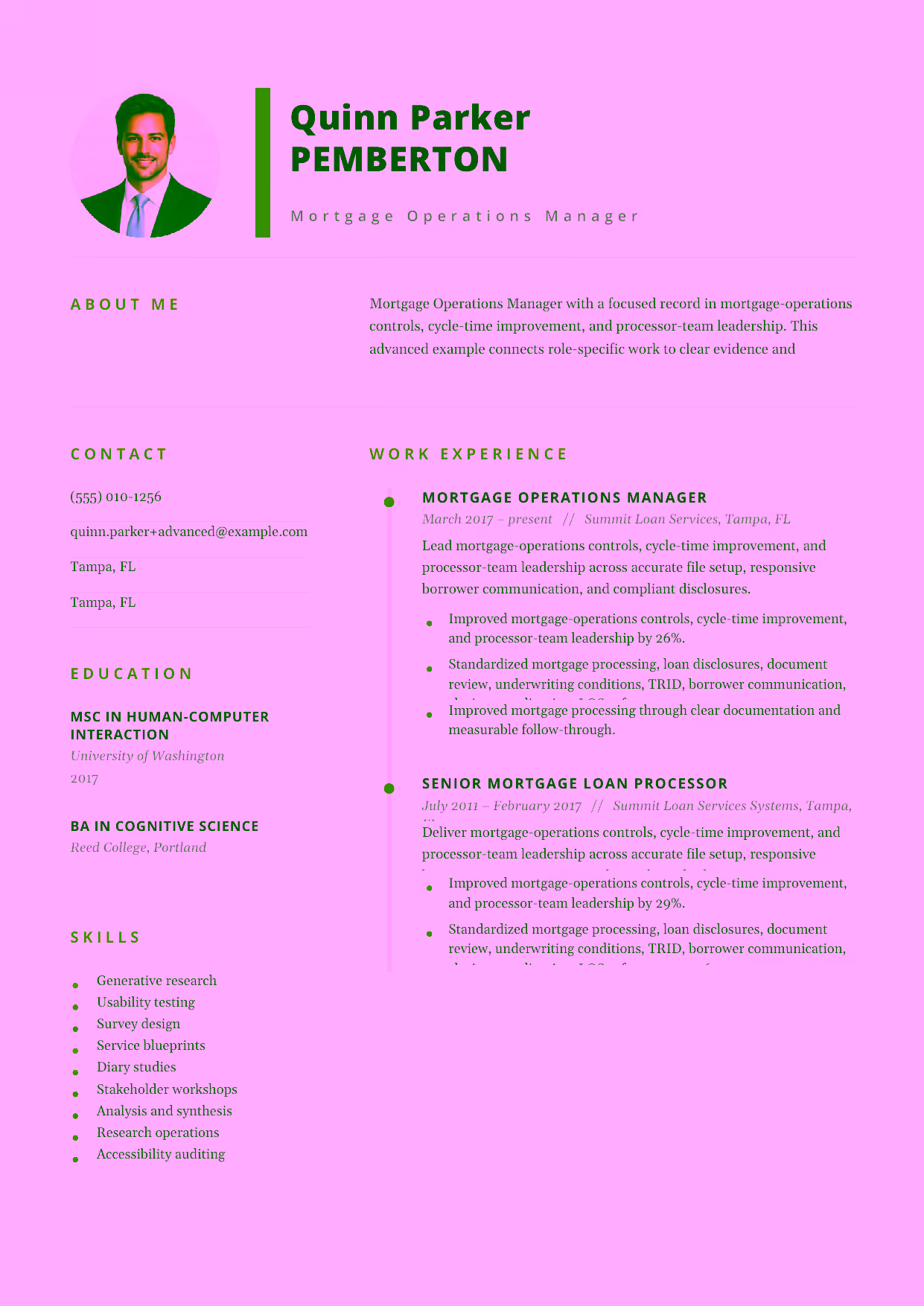 Advanced Mortgage Operations Manager resume example in the Pegasus template focused on mortgage-operations controls, cycle-time improvement, and processor-team leadership.