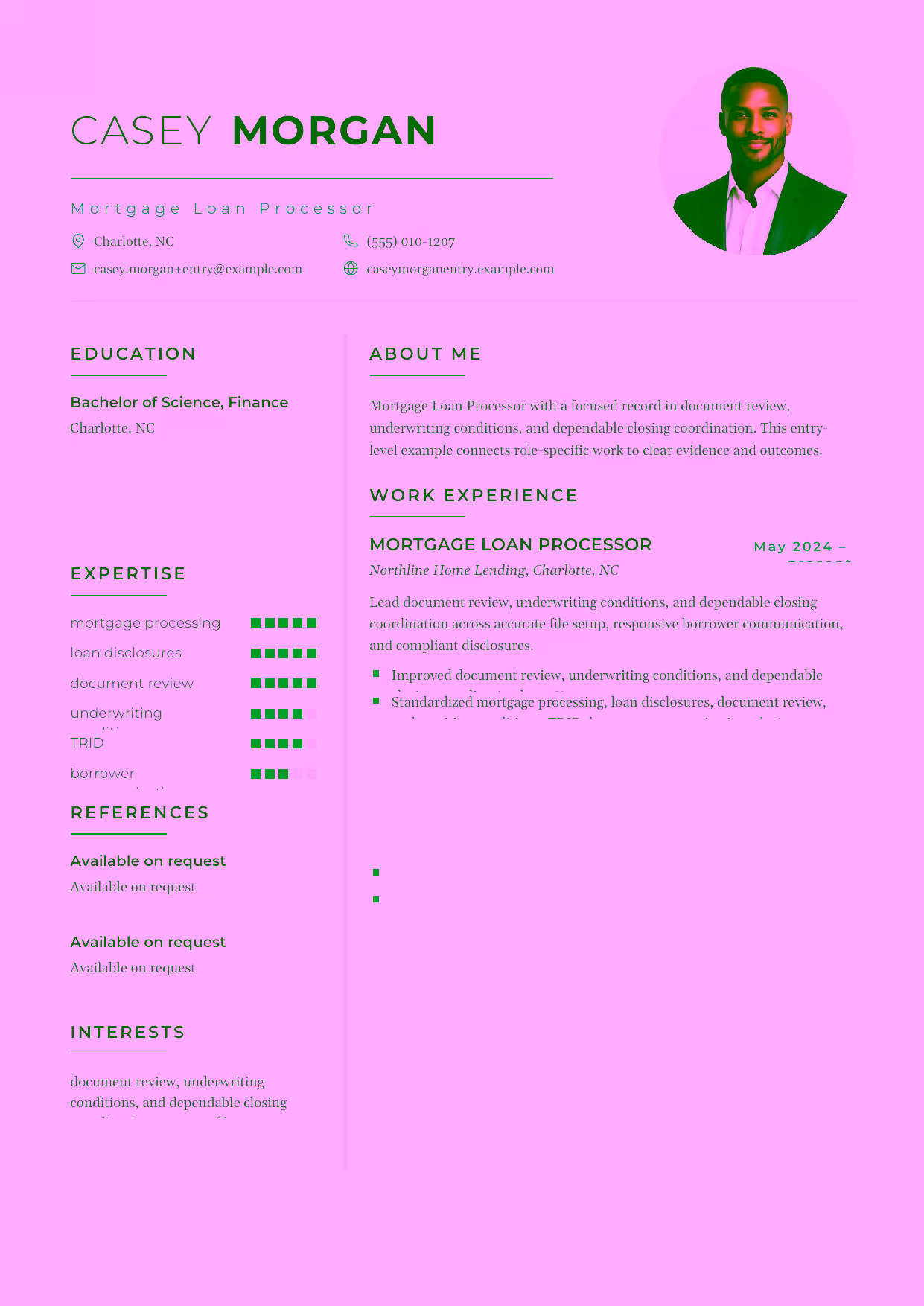 Entry-level Mortgage Loan Processor resume example in the Achernar template focused on accurate file setup, responsive borrower communication, and compliant disclosures.