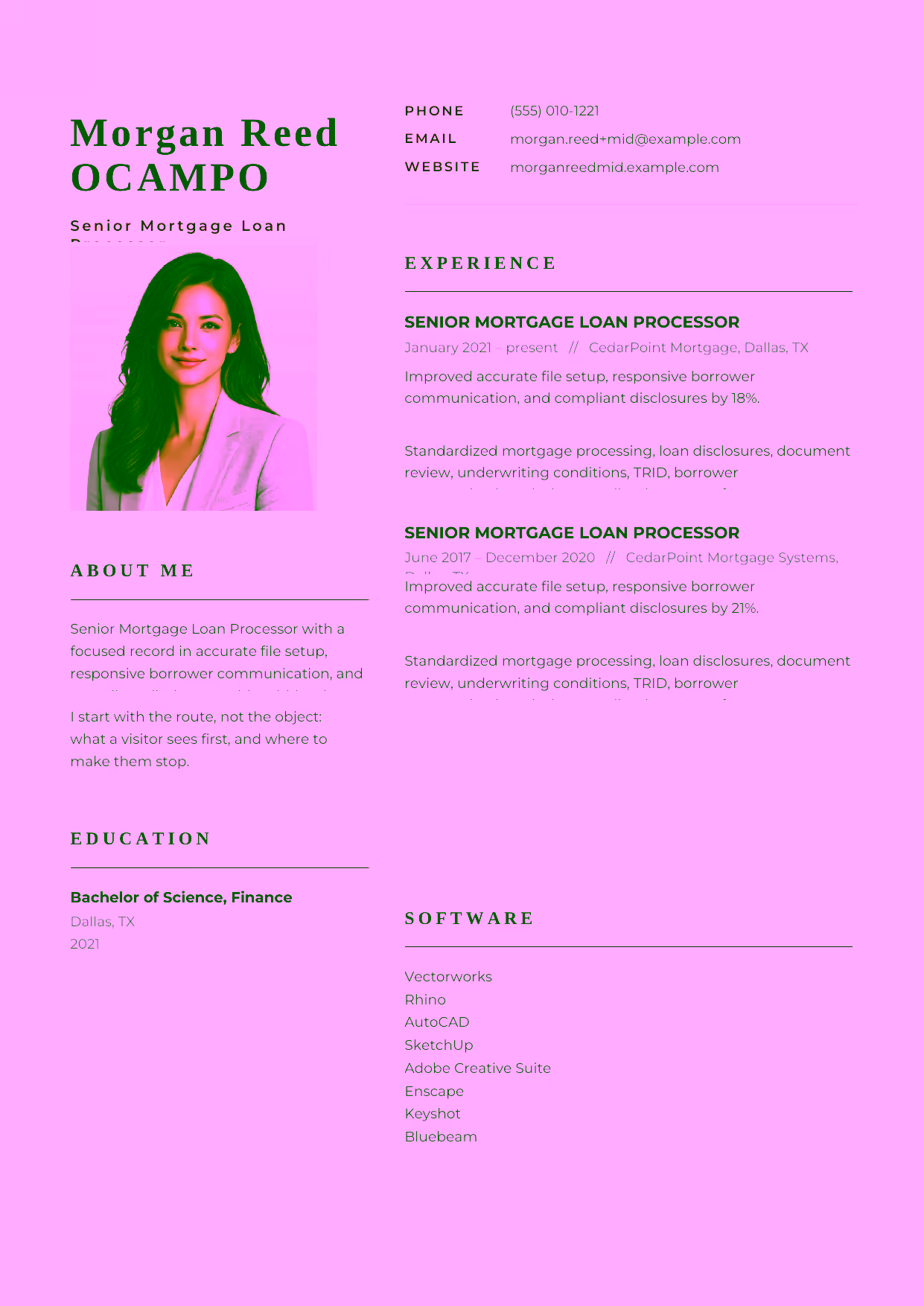 Mid-level Senior Mortgage Loan Processor resume example in the Hydra template focused on document review, underwriting conditions, and dependable closing coordination.
