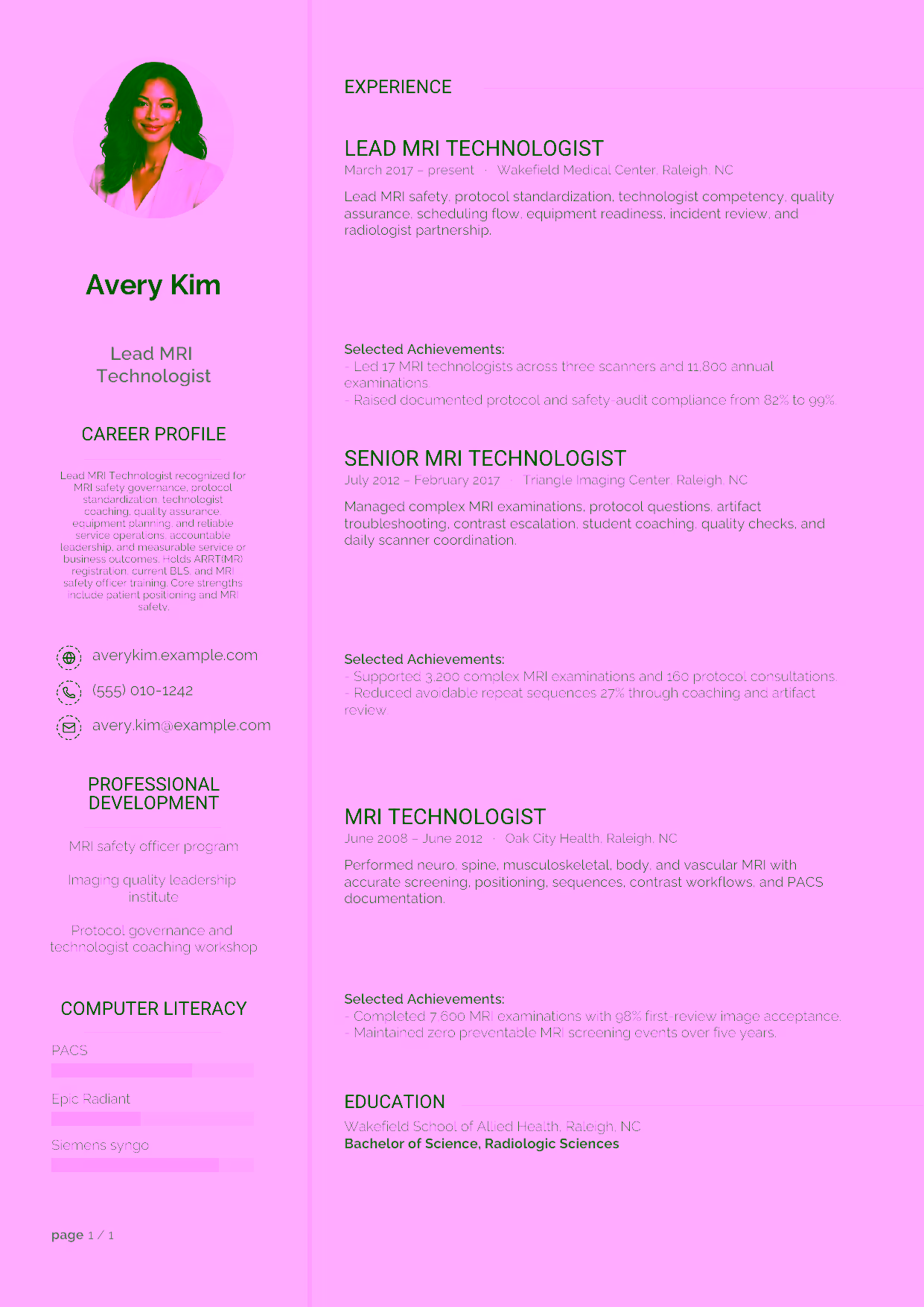 Advanced Lead MRI Technologist resume example in the Synnove template focused on MRI safety governance, protocol standardization, technologist coaching, quality assurance, equipment planning, and reliable service operations.