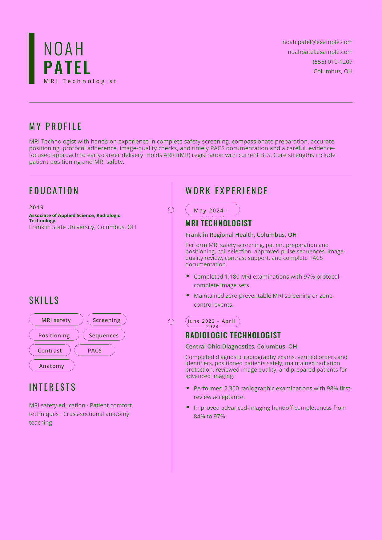 Entry-level MRI Technologist resume example in the Caelum template focused on complete safety screening, compassionate preparation, accurate positioning, protocol adherence, image-quality checks, and timely PACS documentation.