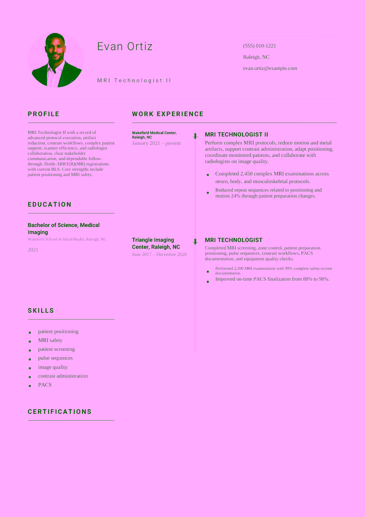 Mid-level MRI Technologist II resume example in the Puppis template focused on advanced protocol execution, artifact reduction, contrast workflows, complex patient support, scanner efficiency, and radiologist collaboration.