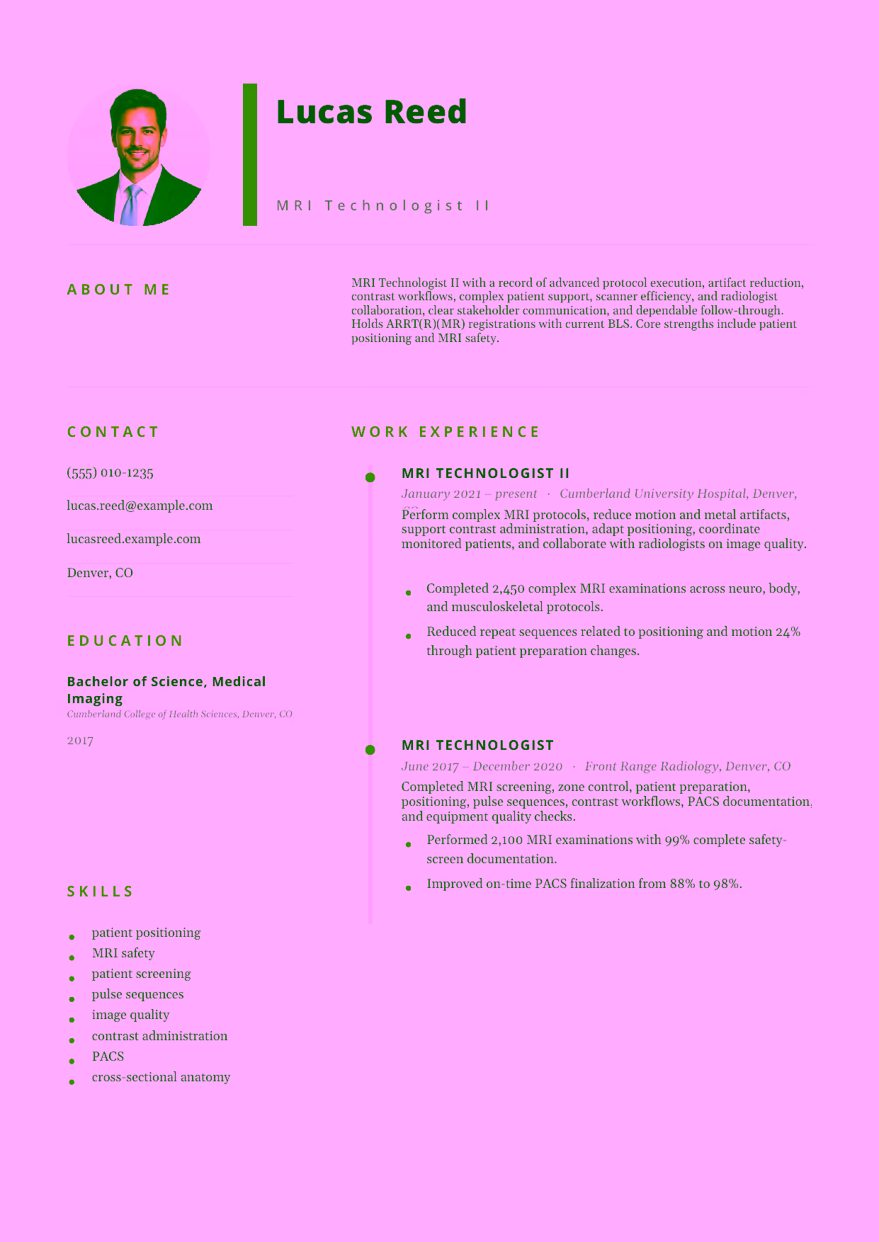 Mid-level MRI Technologist II resume example in the Pegasus template focused on advanced protocol execution, artifact reduction, contrast workflows, complex patient support, scanner efficiency, and radiologist collaboration.