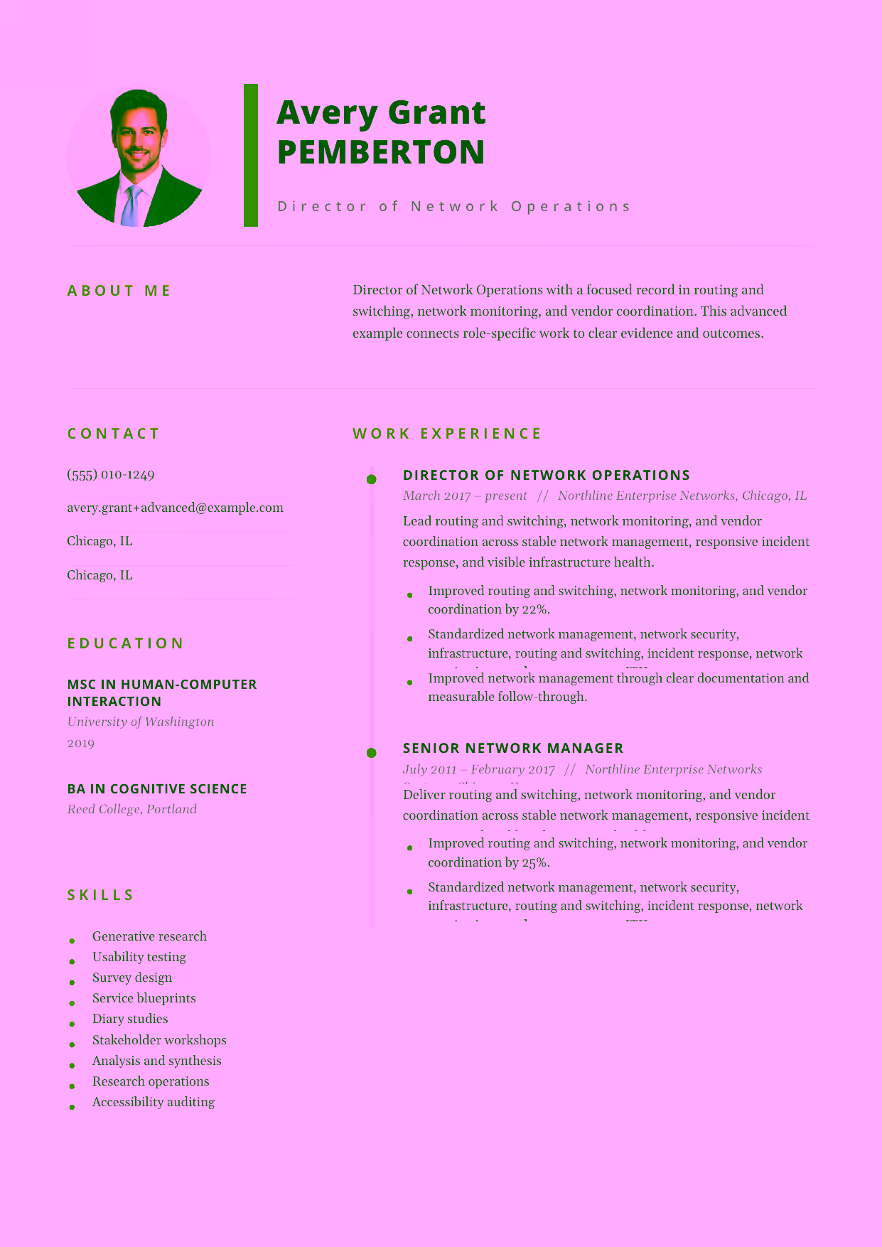 Advanced Director of Network Operations resume example in the Pegasus template focused on network-security governance, ITIL service standards, and operations-team leadership.