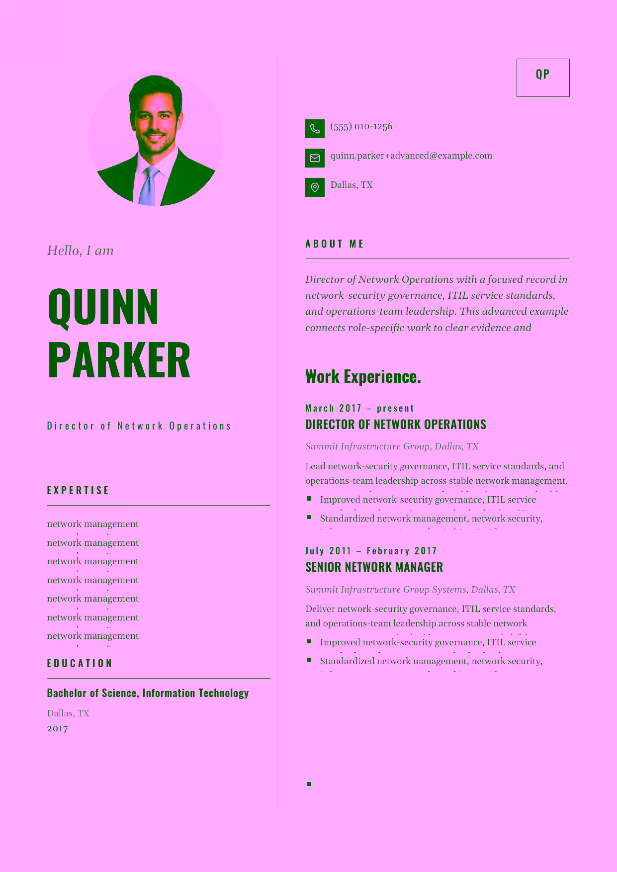 Advanced Director of Network Operations resume example in the Equuleus template focused on network-security governance, ITIL service standards, and operations-team leadership.